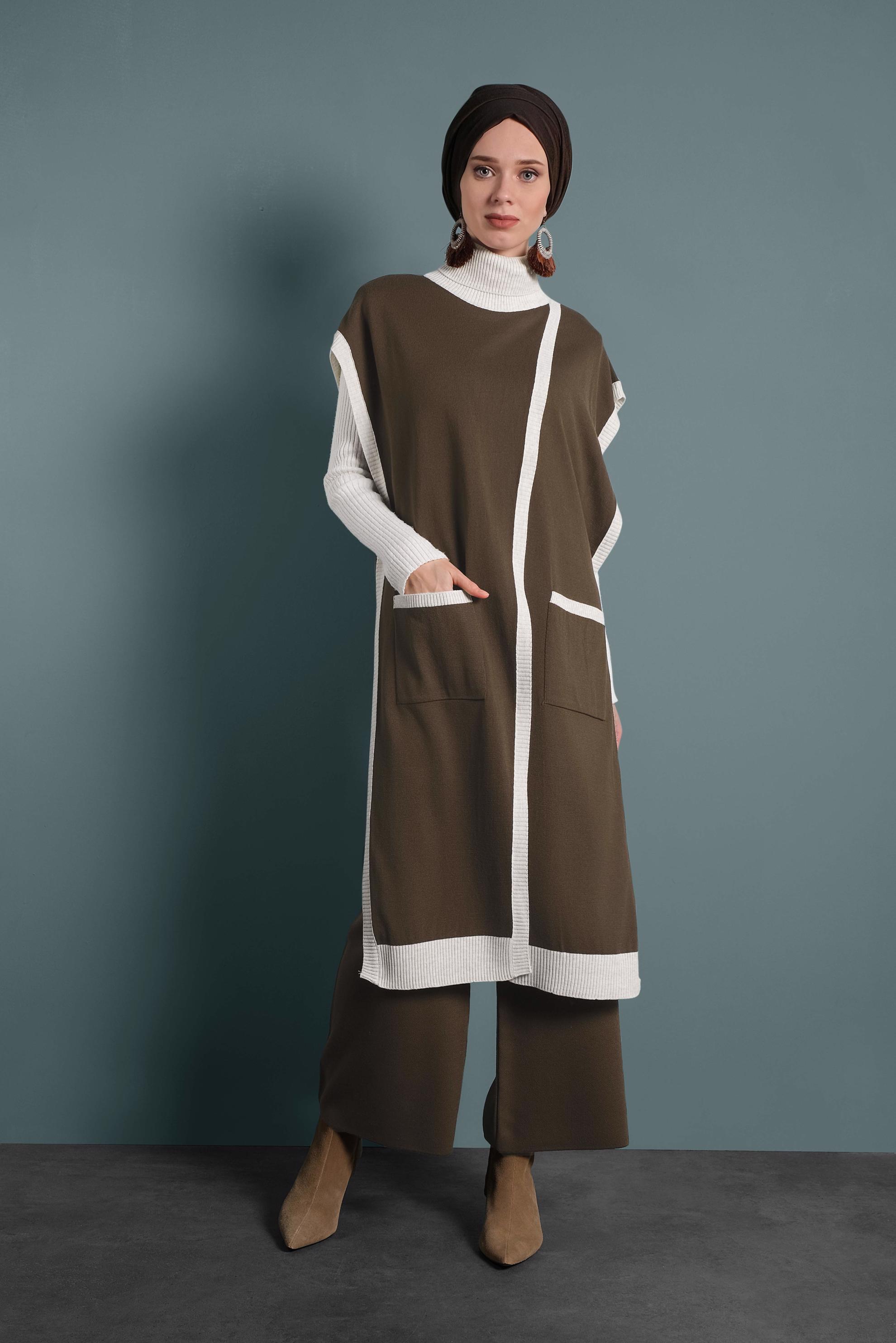 Tesettür giyim KAHVE BALIKÇI YAKA CEPLİ TRİKO PANÇO 40279  