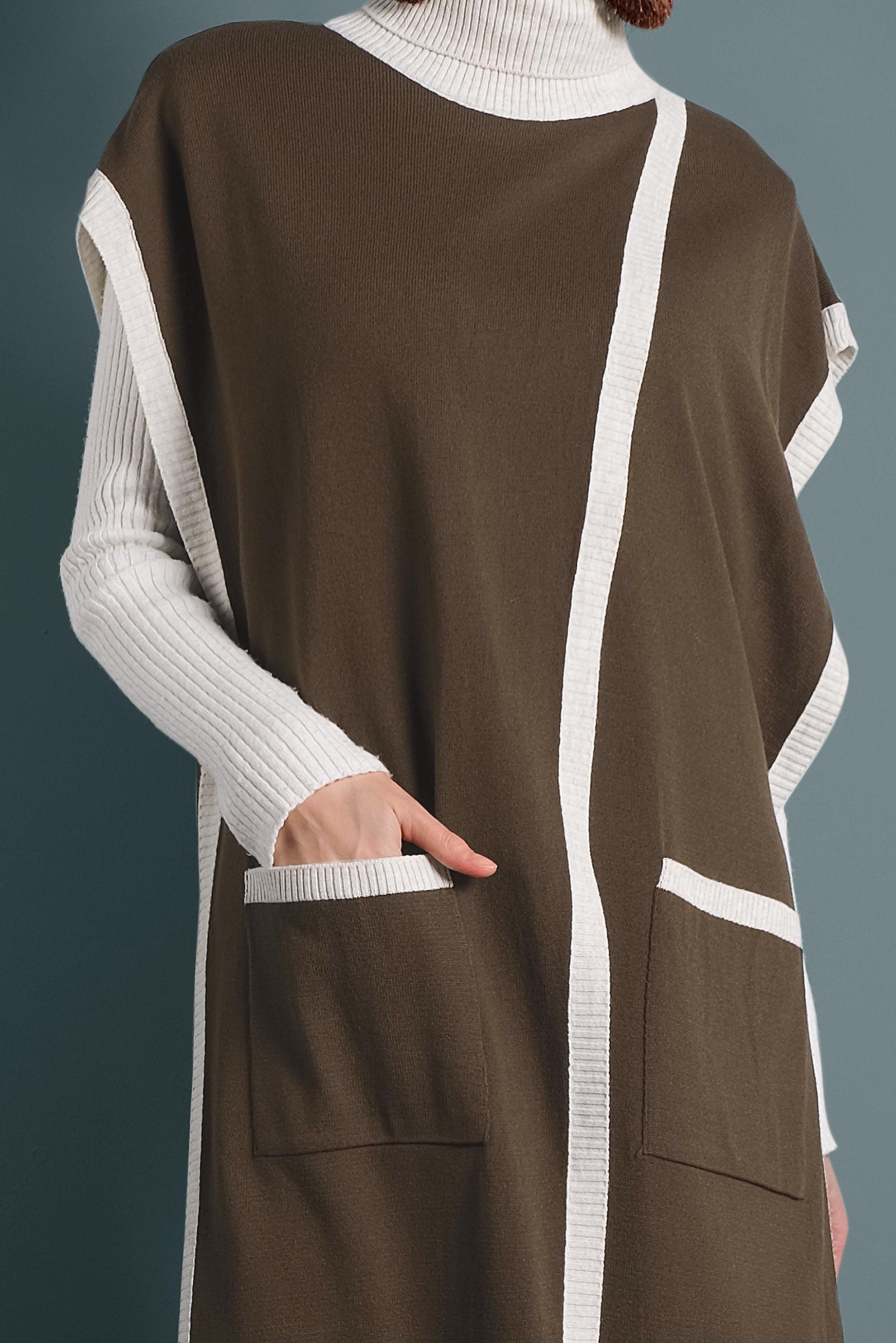 Tesettür giyim KAHVE BALIKÇI YAKA CEPLİ TRİKO PANÇO 40279  