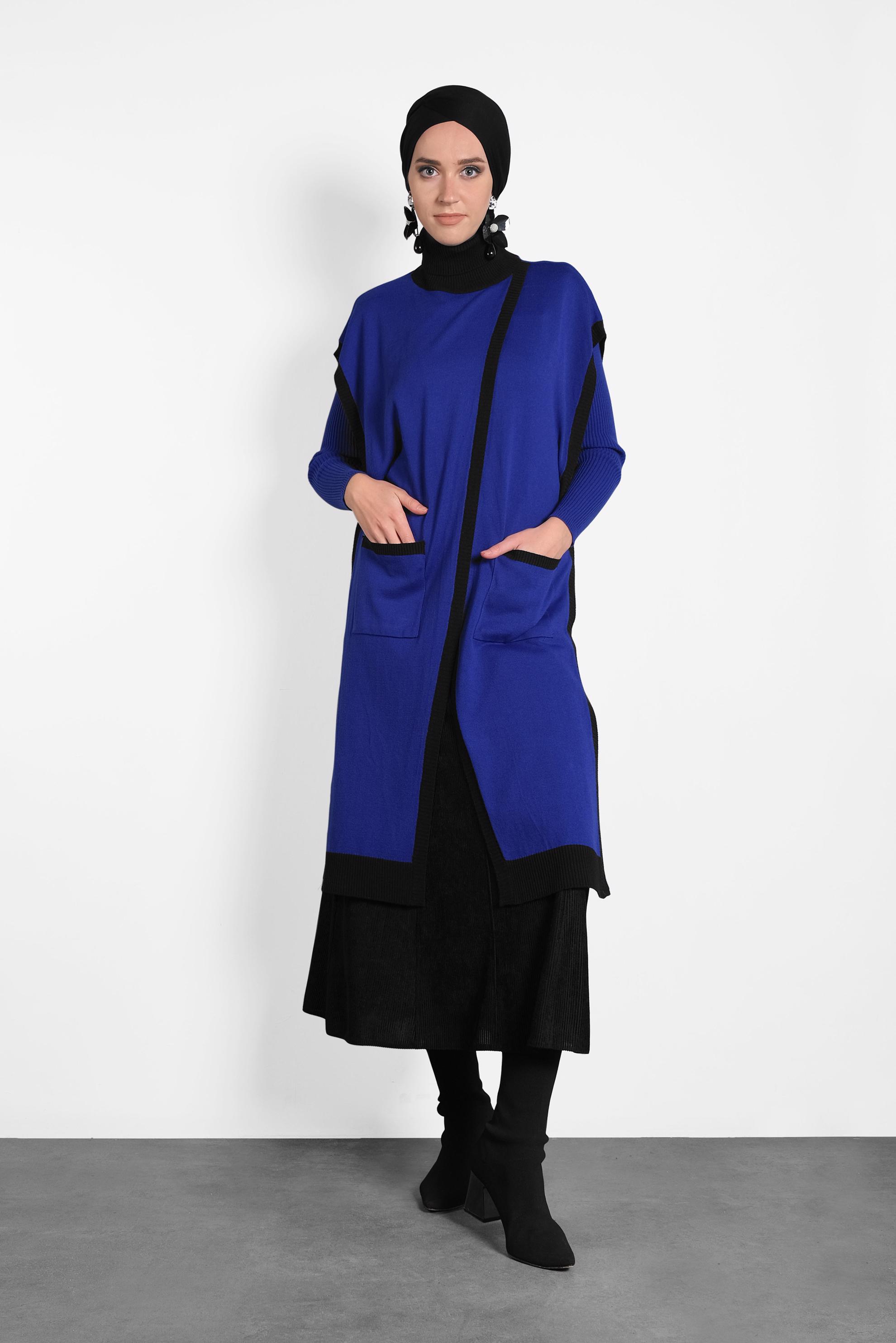 Tesettür giyim LACİVERT BALIKÇI YAKA CEPLİ TRİKO PANÇO 40279  