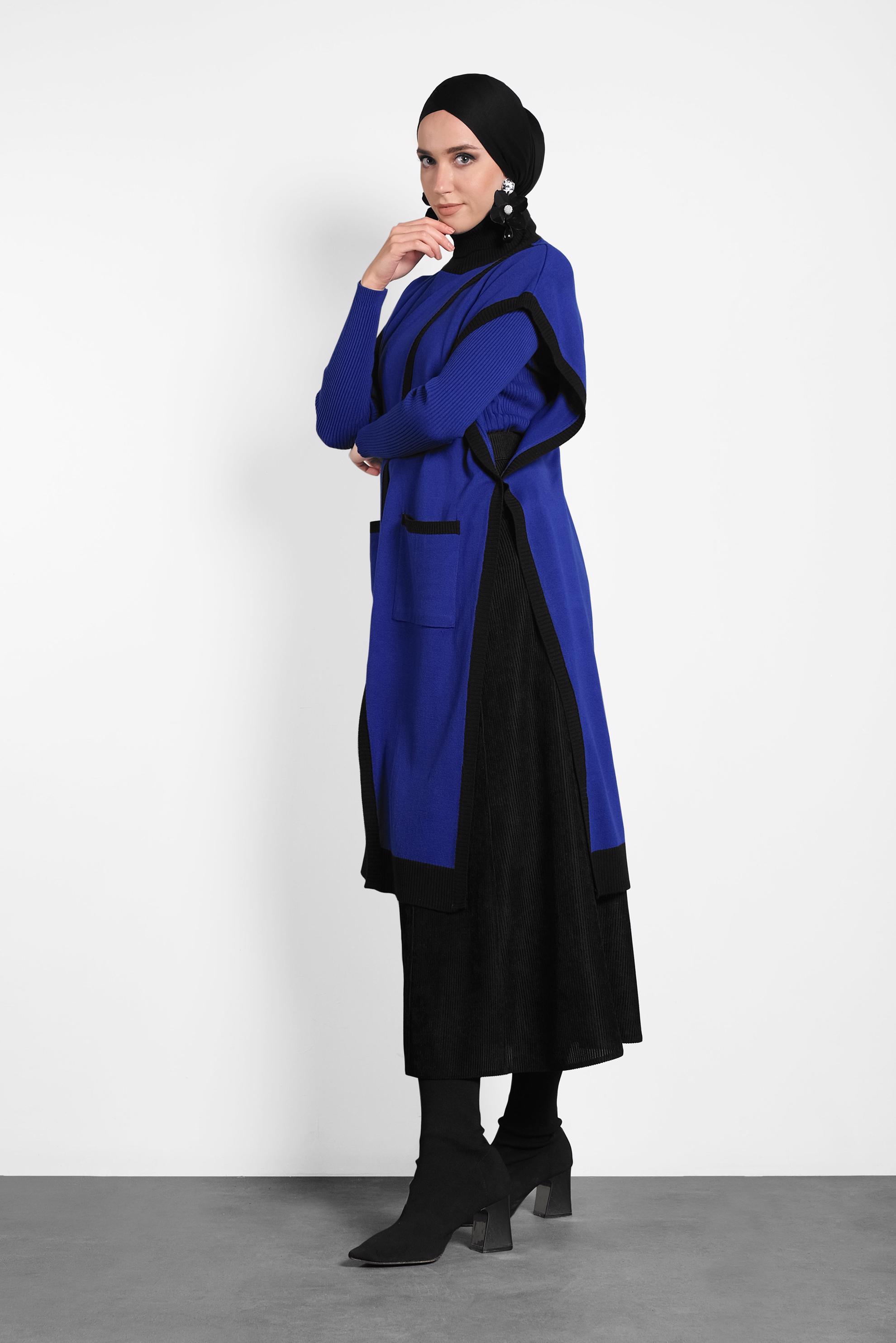 Tesettür giyim LACİVERT BALIKÇI YAKA CEPLİ TRİKO PANÇO 40279  