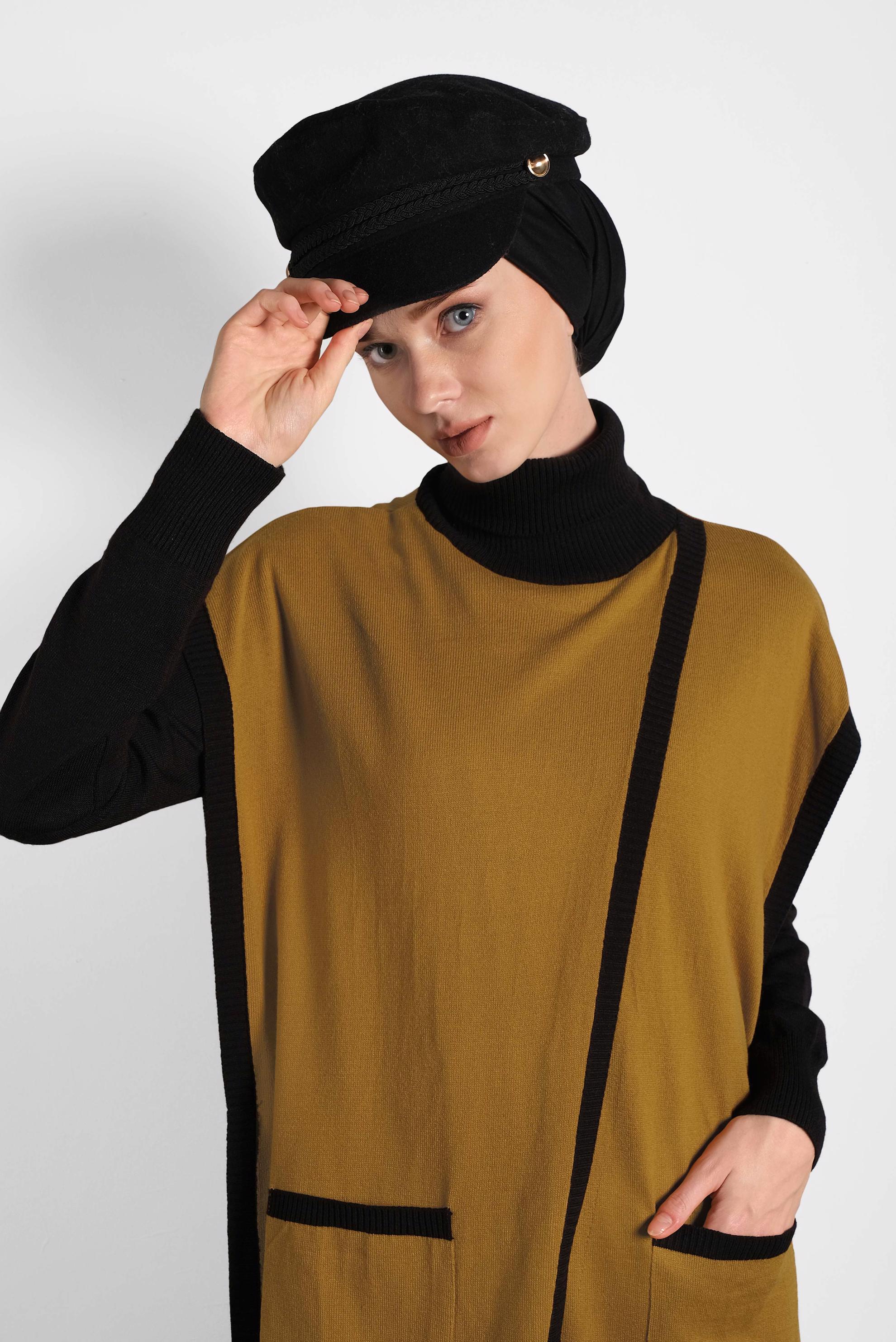 Tesettür giyim SARI BALIKÇI YAKA CEPLİ TRİKO PANÇO 40279  