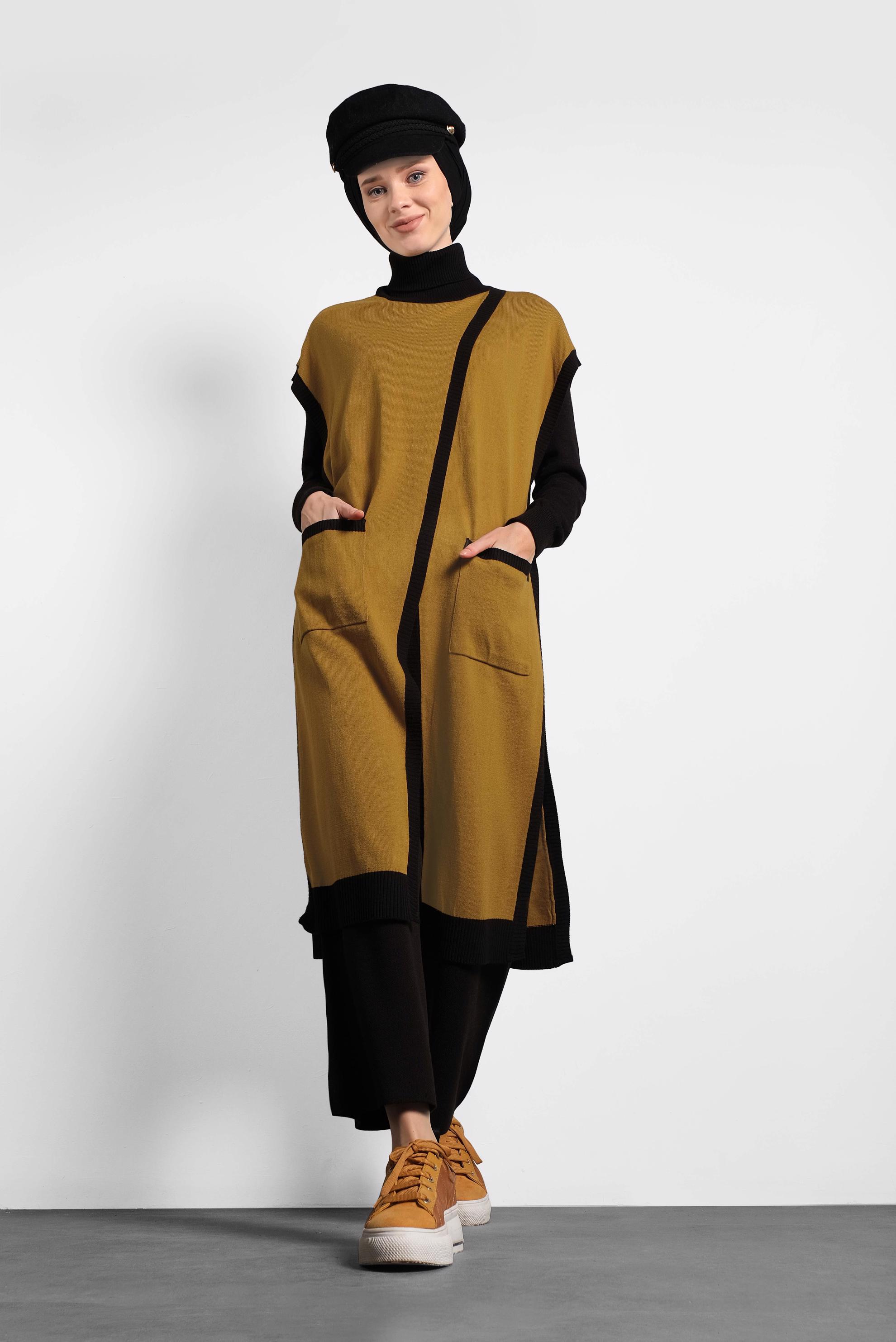 Tesettür giyim SARI BALIKÇI YAKA CEPLİ TRİKO PANÇO 40279  