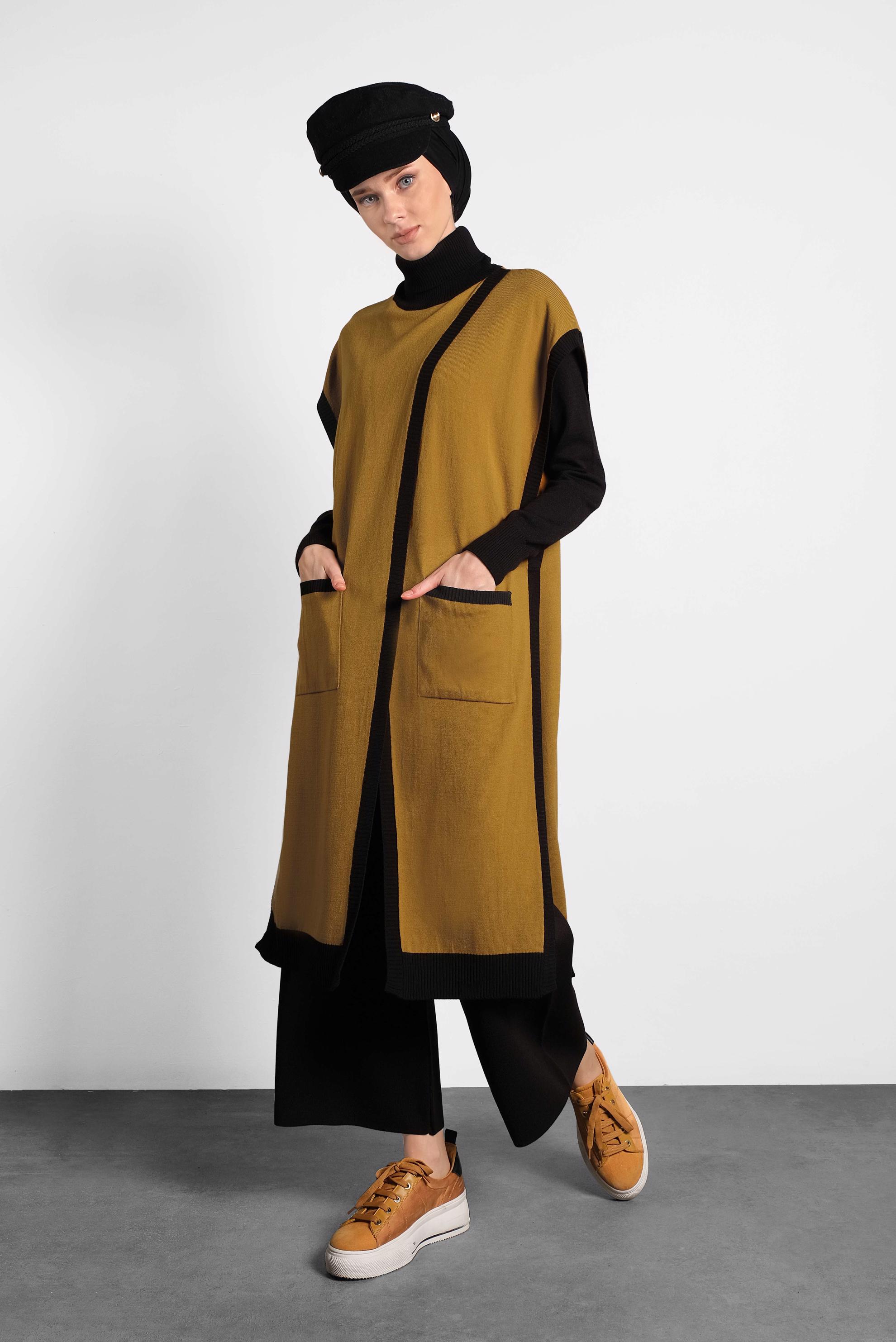 Tesettür giyim SARI BALIKÇI YAKA CEPLİ TRİKO PANÇO 40279  