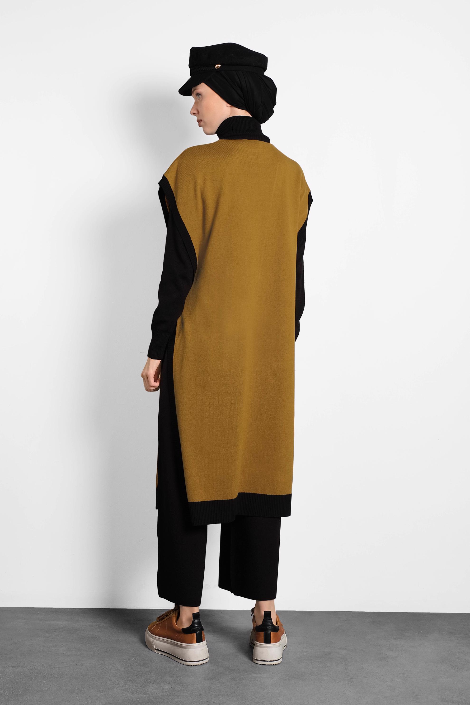 Tesettür giyim SARI BALIKÇI YAKA CEPLİ TRİKO PANÇO 40279  