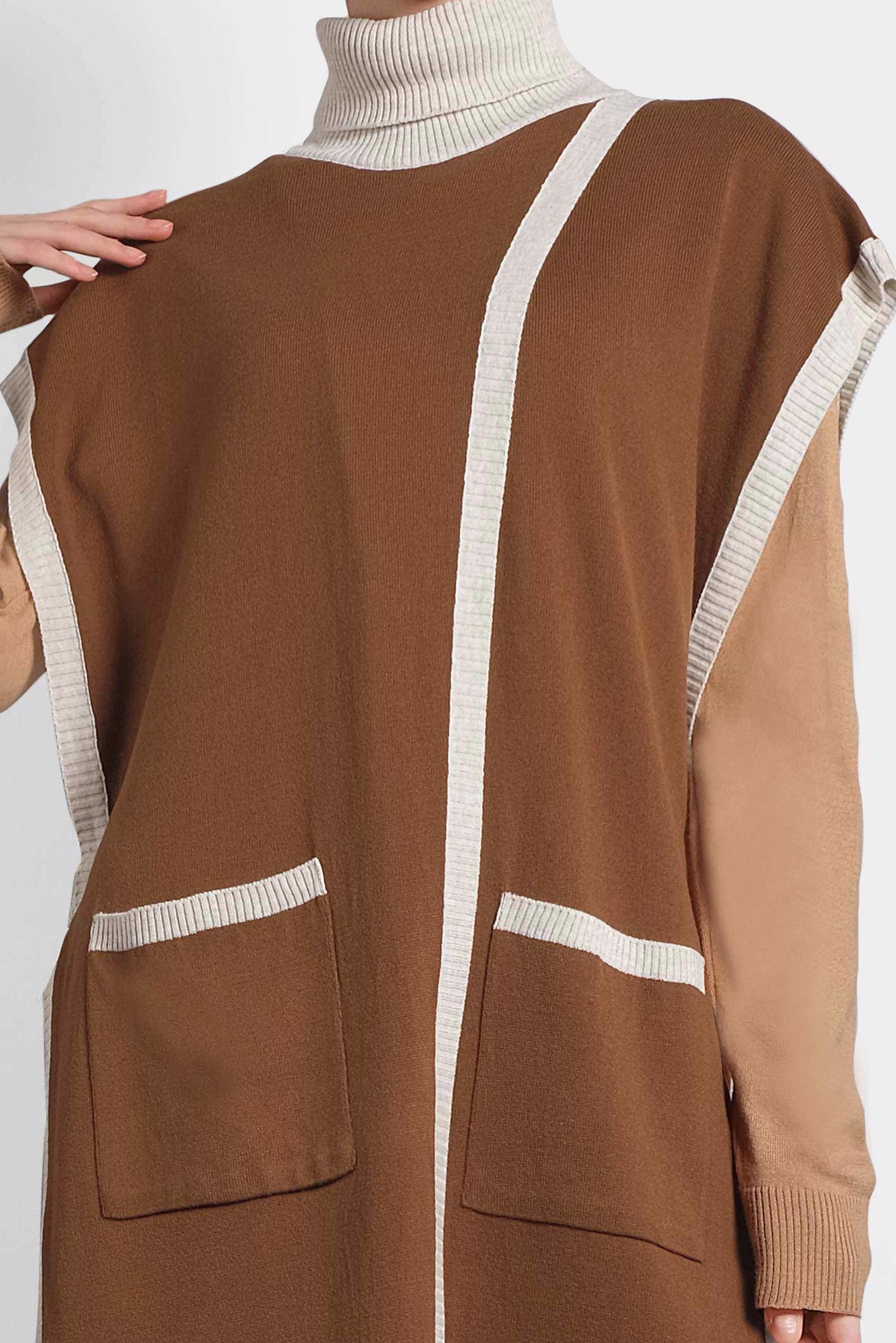 Tesettür giyim TABA BALIKÇI YAKA CEPLİ TRİKO PANÇO 40279  