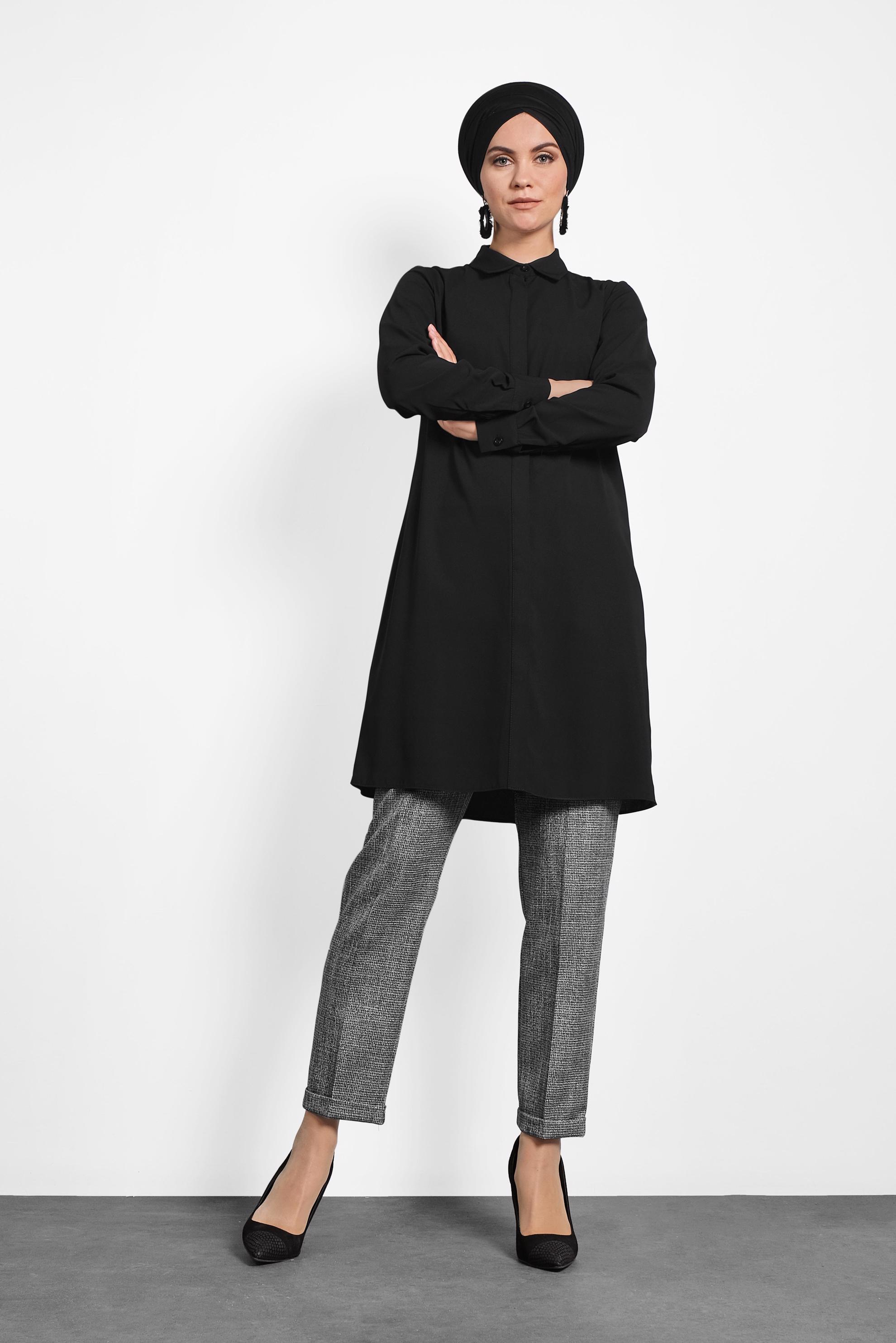 Tesettür giyim SİYAH DÜĞMELİ ARA BEL PANTOLON 70011 