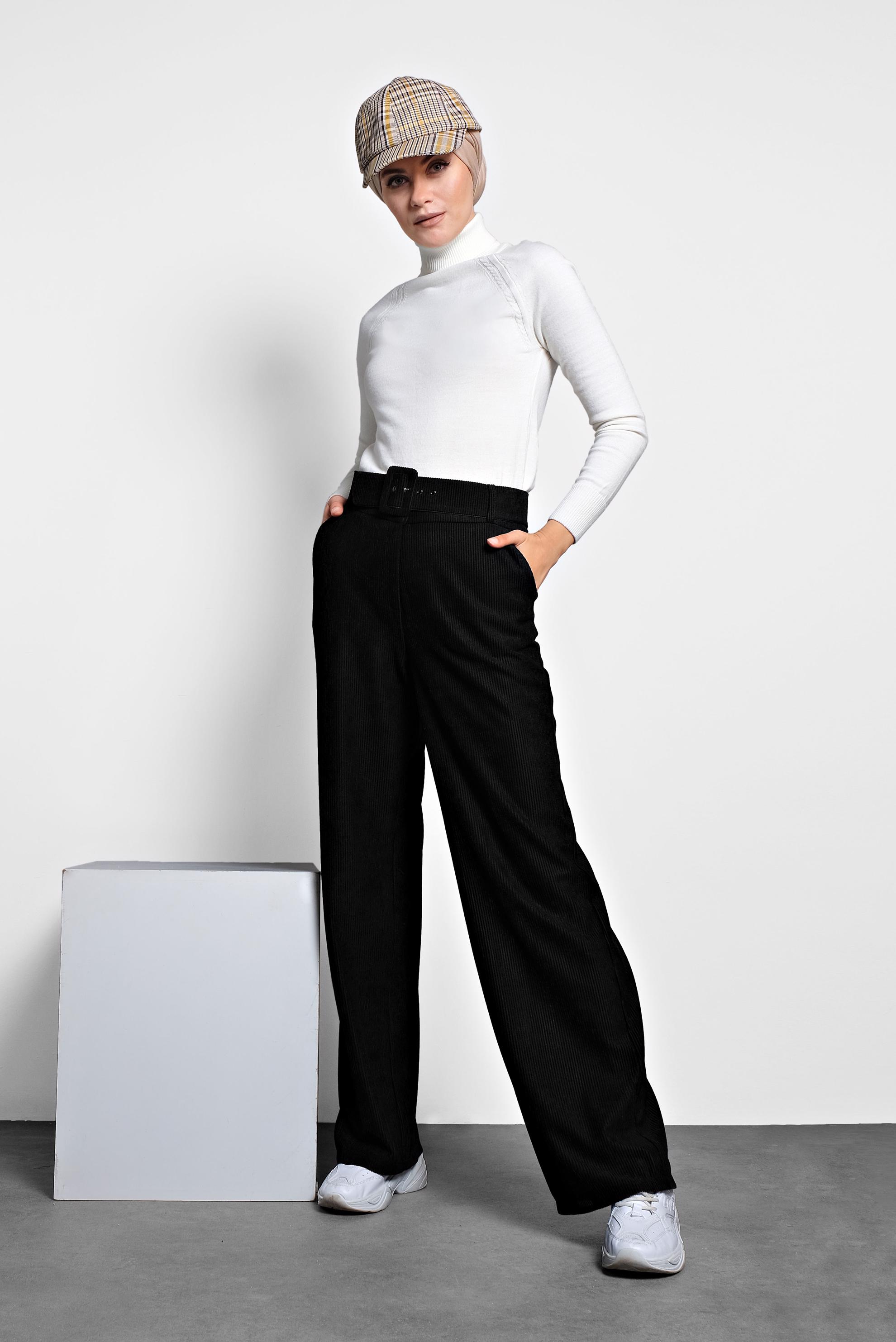 Tesettür giyim SİYAH FİTİLLİ KADİFE PANTOLON 70026