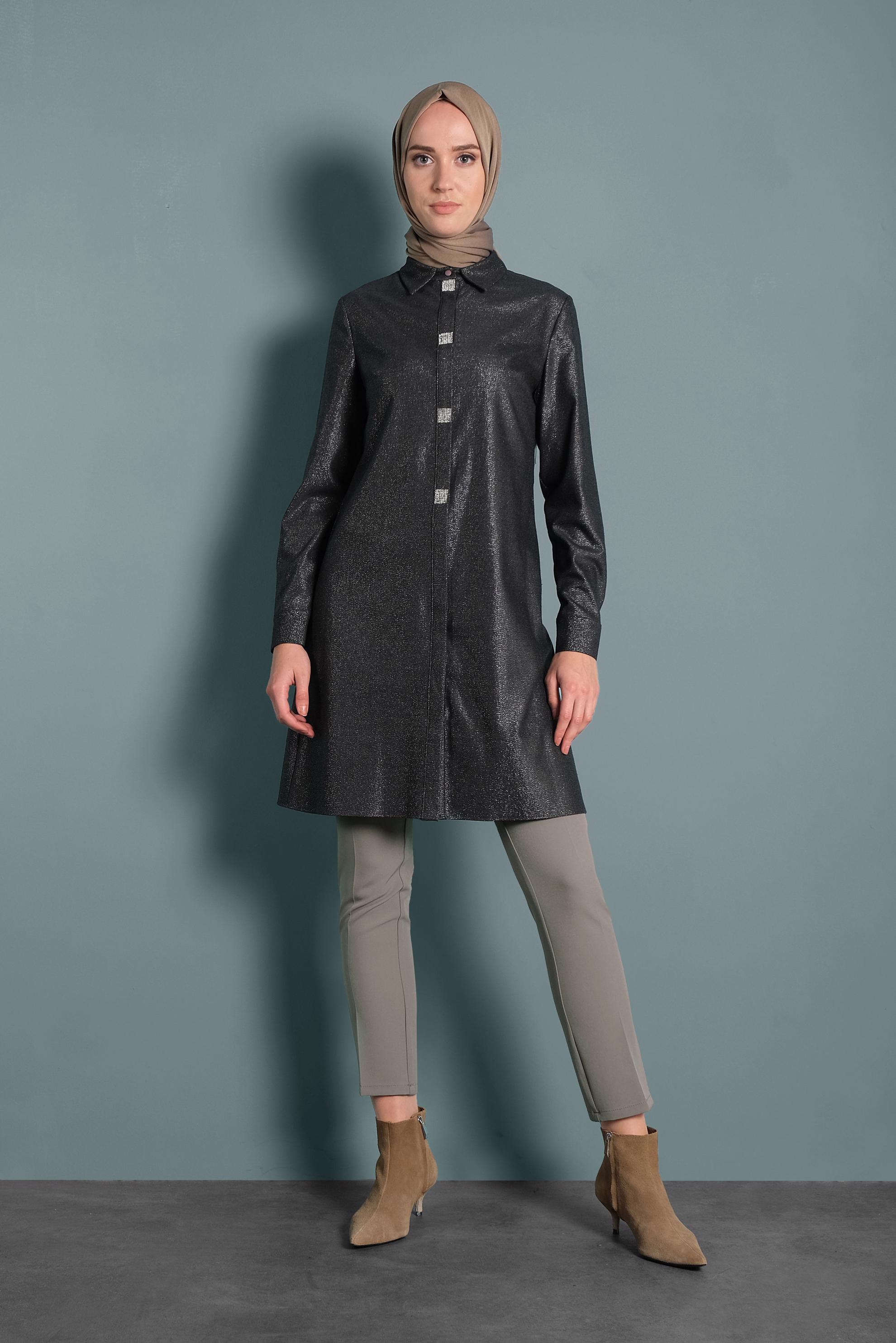 Tesettür giyim GRİ DAR PAÇA ARA BEL DÜĞMELİ PANTOLON 70030