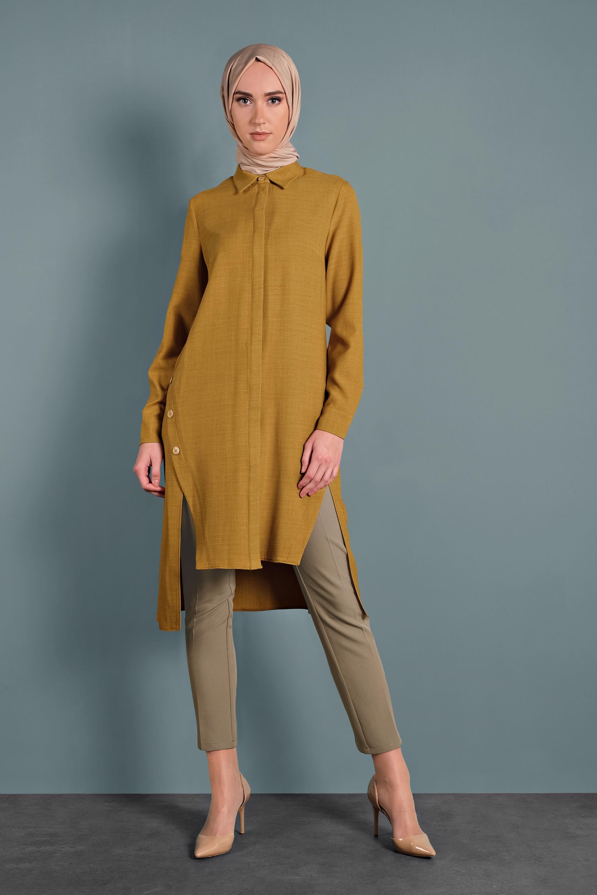 Tesettür giyim BEJ DAR PAÇA ARA BEL DÜĞMELİ PANTOLON 70030