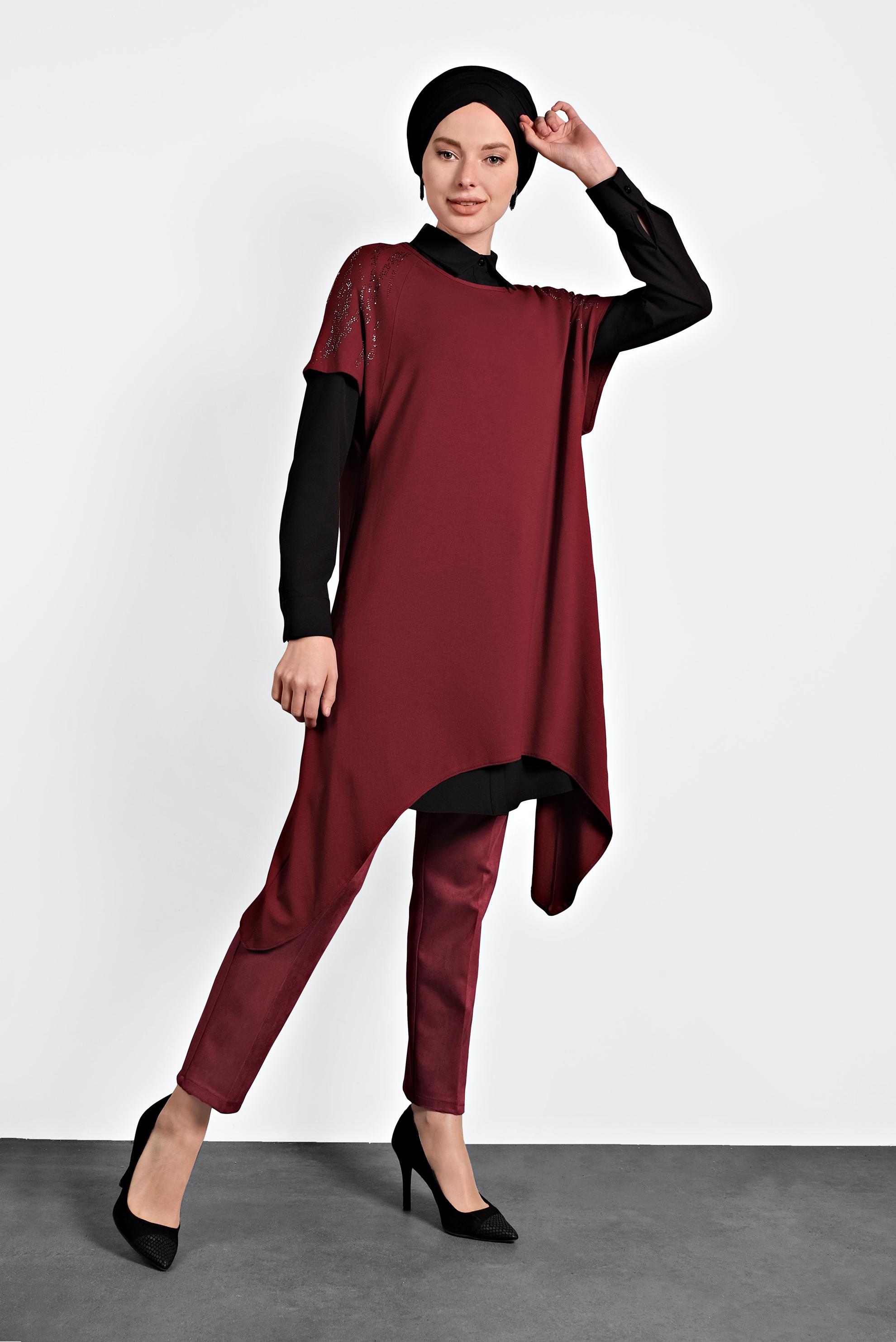 Tesettür giyim BORDO YÜKSEK BEL SÜET PANTOLON 70032