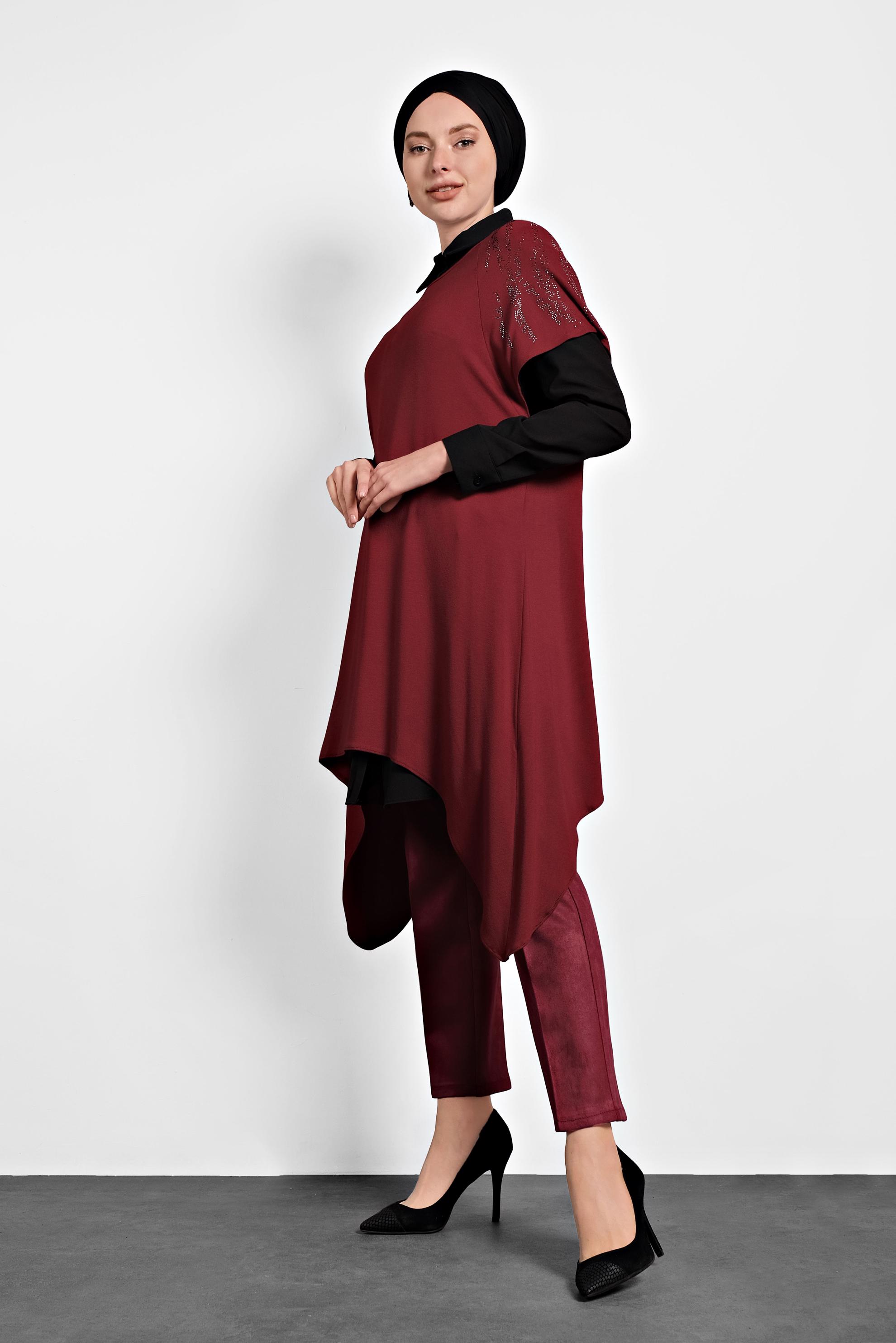 Tesettür giyim BORDO YÜKSEK BEL SÜET PANTOLON 70032