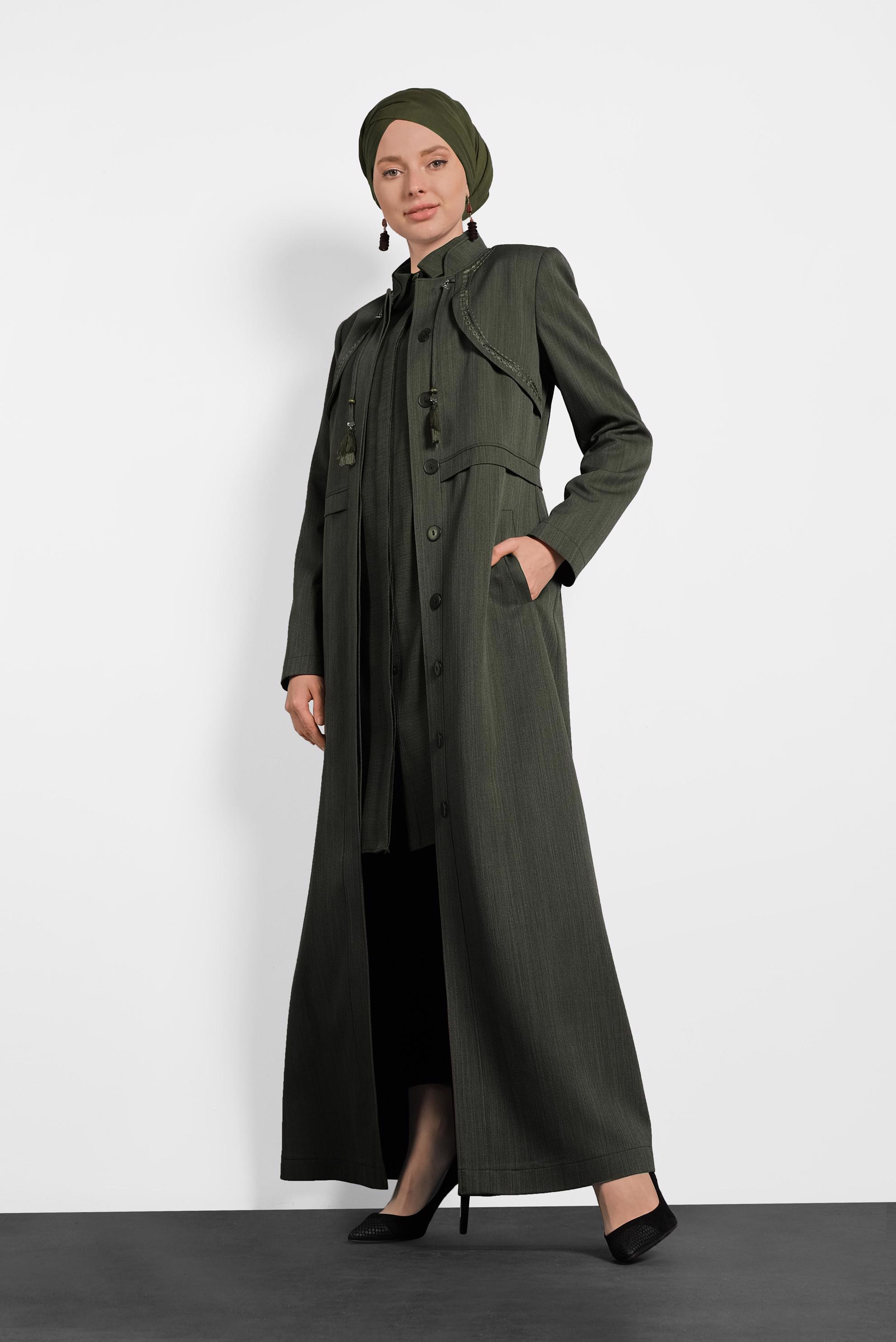 Hijab clothing KHAKI MANDARIN COLLAR HIDDEN BUTTONED TOPCOAT 10007
