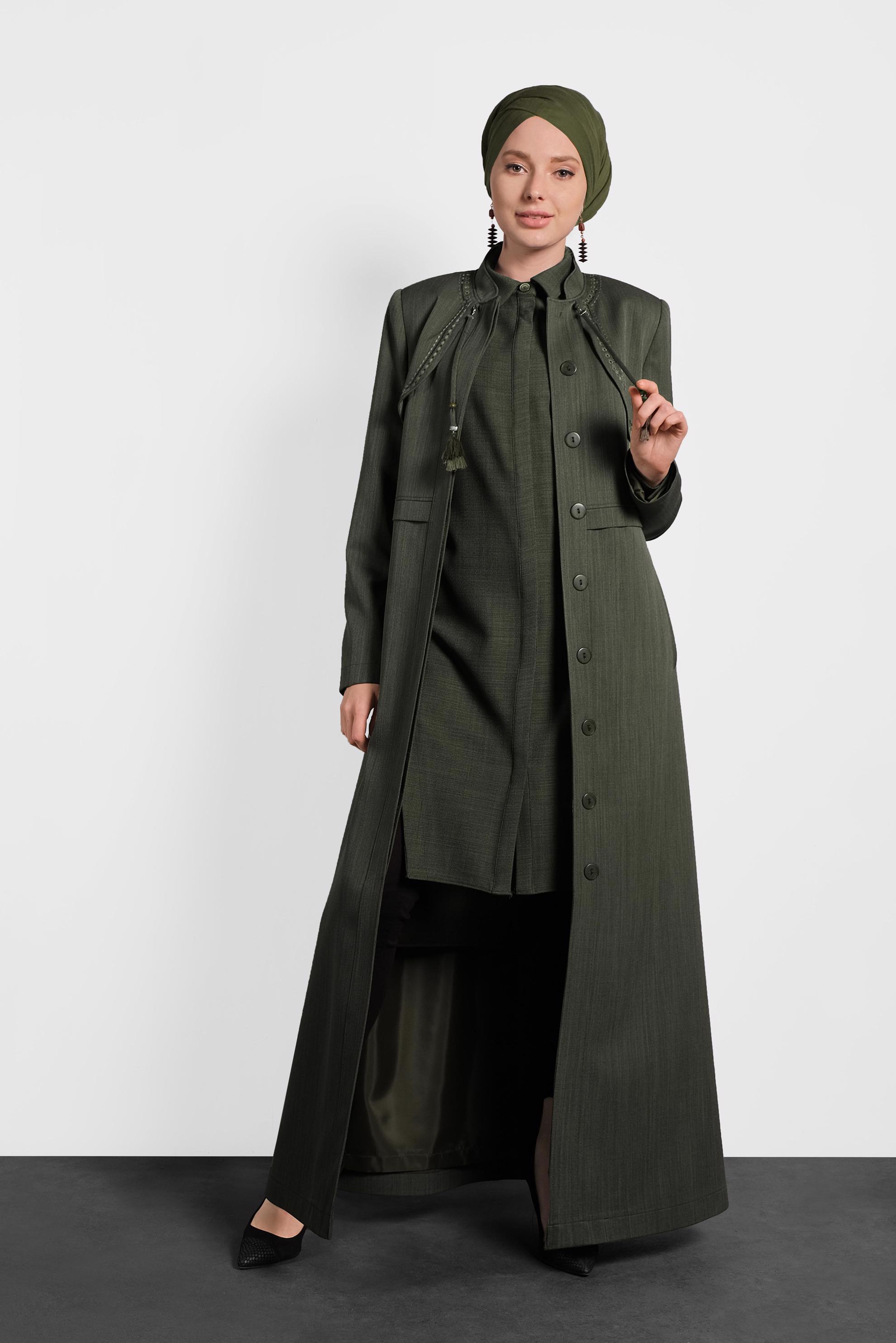Hijab clothing KHAKI MANDARIN COLLAR HIDDEN BUTTONED TOPCOAT 10007