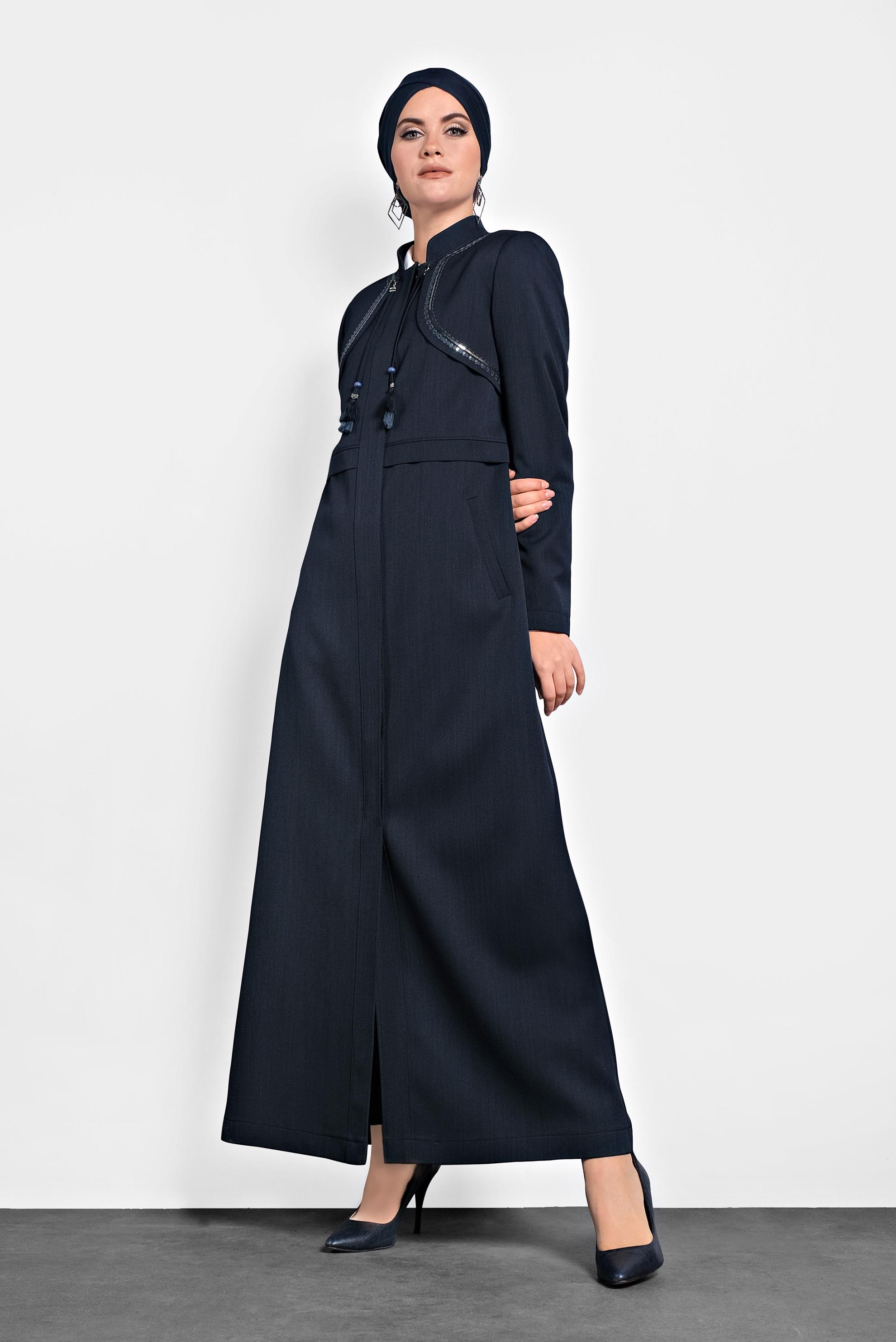 Tesettür giyim LACİVERT HAKİM YAKA GİZLİ DÜĞMELİ PARDESÜ 10007