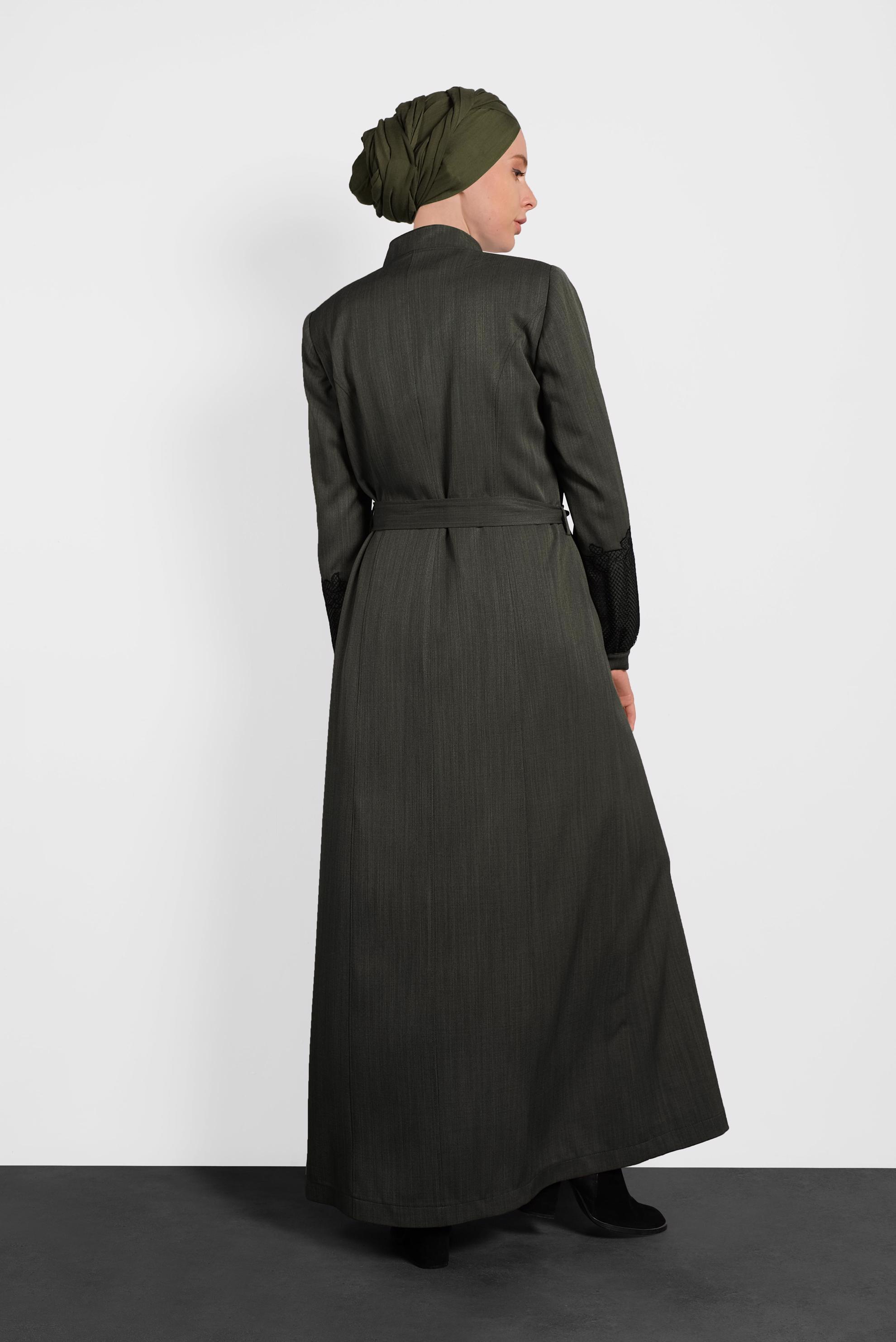 Tesettür giyim HAKİ FİLE DETAYLI FERMUARLI PARDESÜ 10009