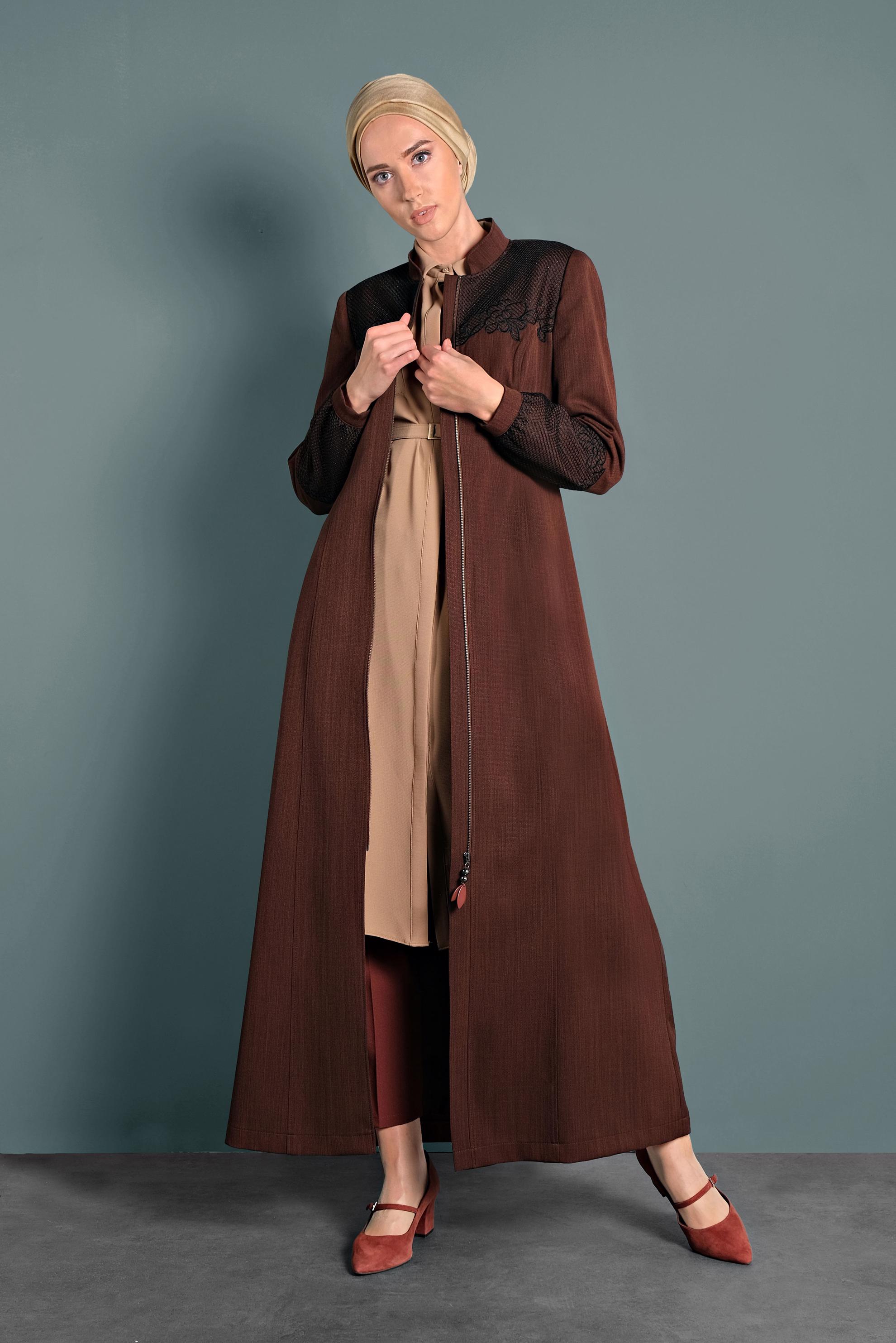 Hijab clothing ORANGE FISHNET DETAILED TOPCOAT 10009