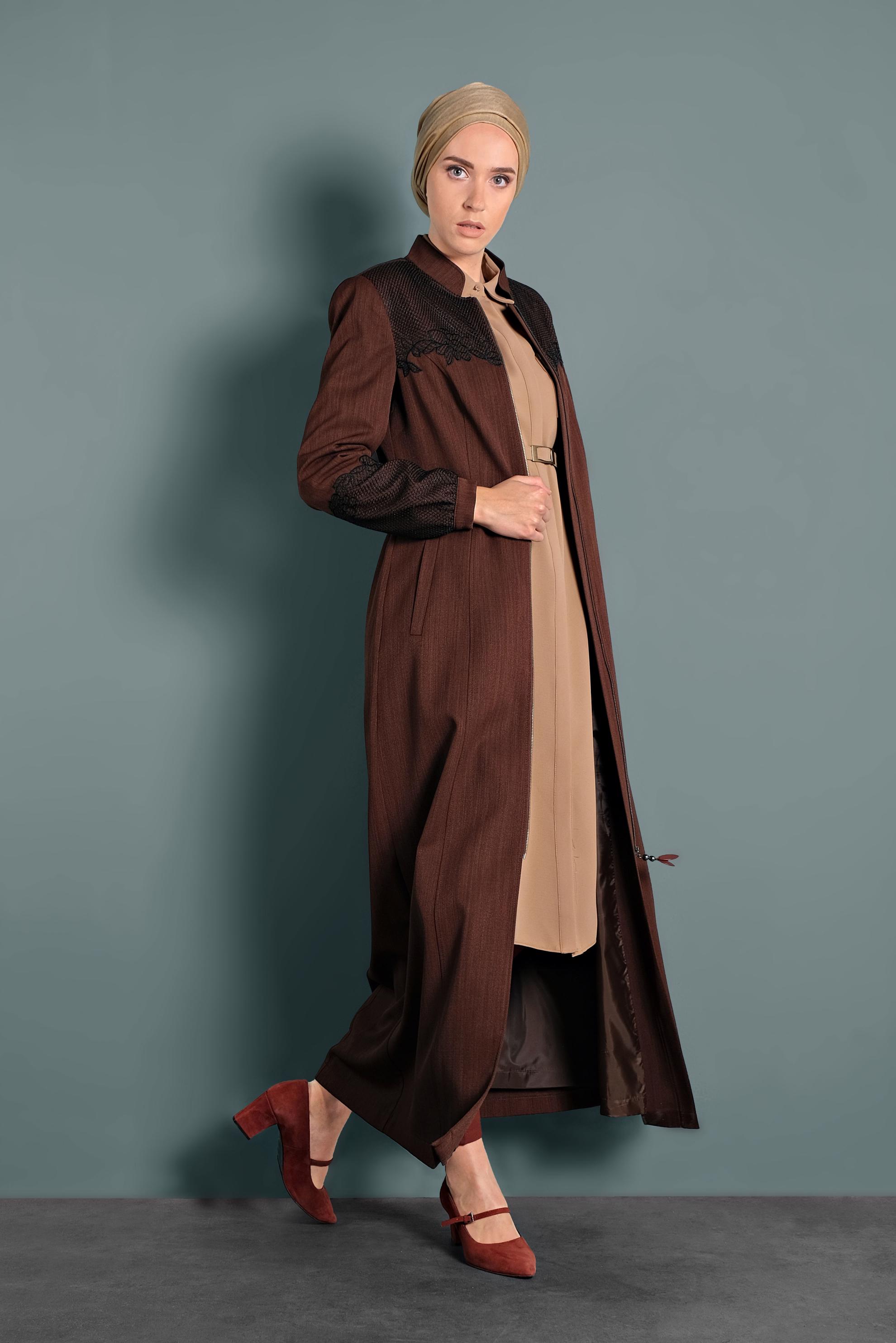 Hijab clothing ORANGE FISHNET DETAILED TOPCOAT 10009