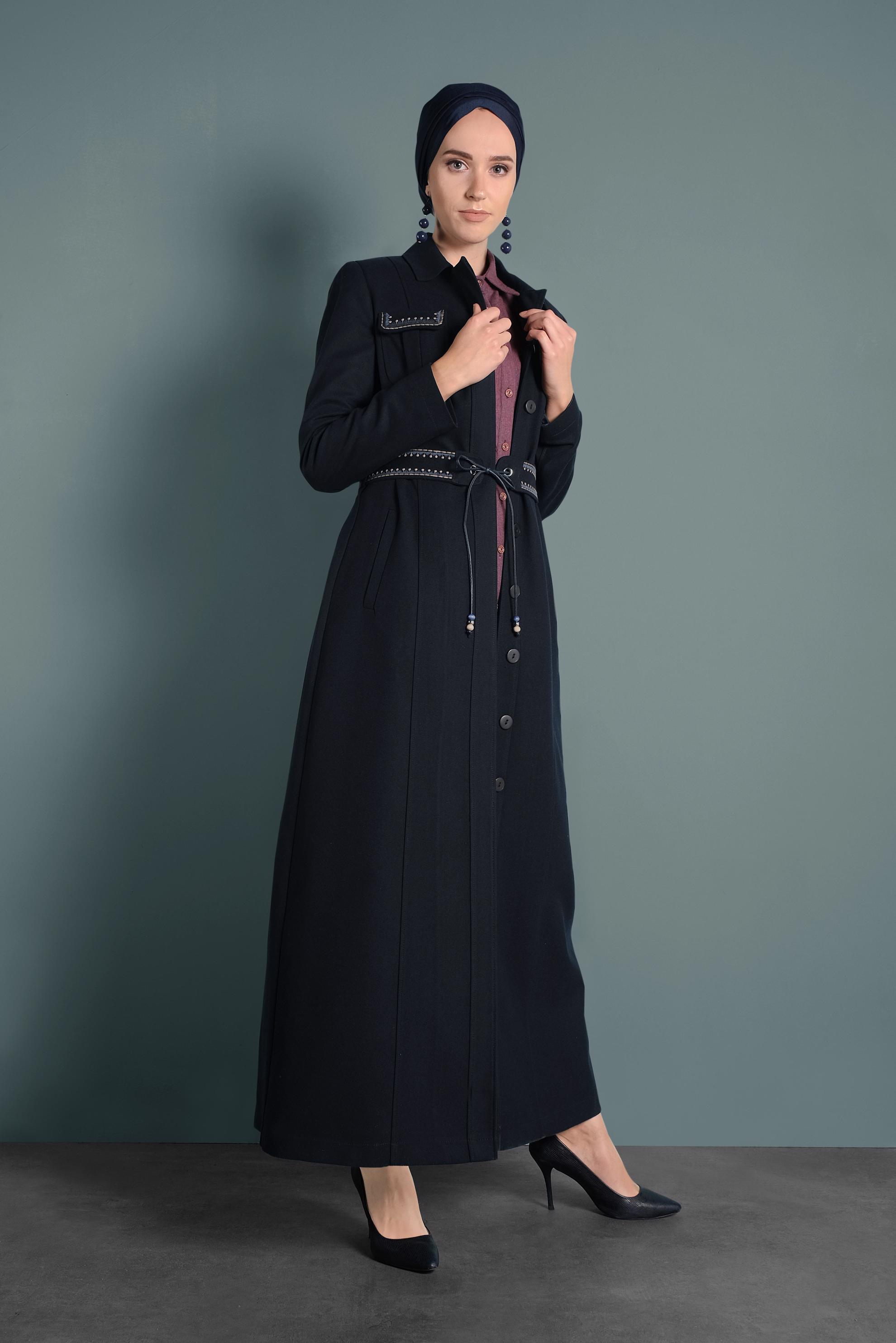 Tesettür giyim LACİVERT NAKIŞ DETAYLI PARDESÜ 10010 