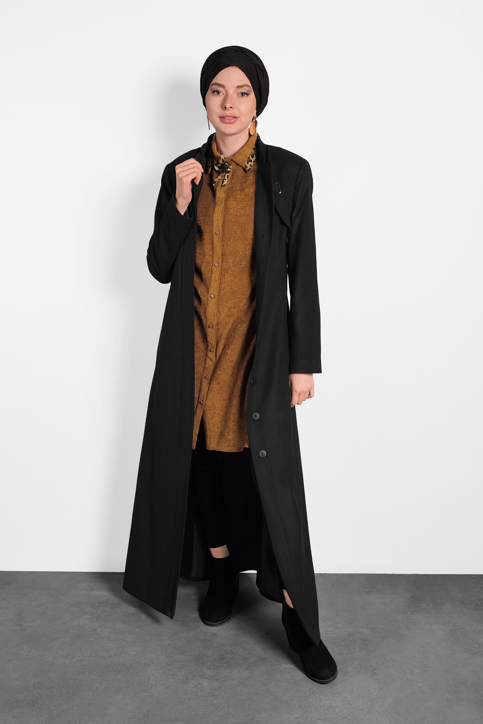 Tesettür giyim SİYAH BOYDAN DÜĞMELİ PARDESÜ 10136