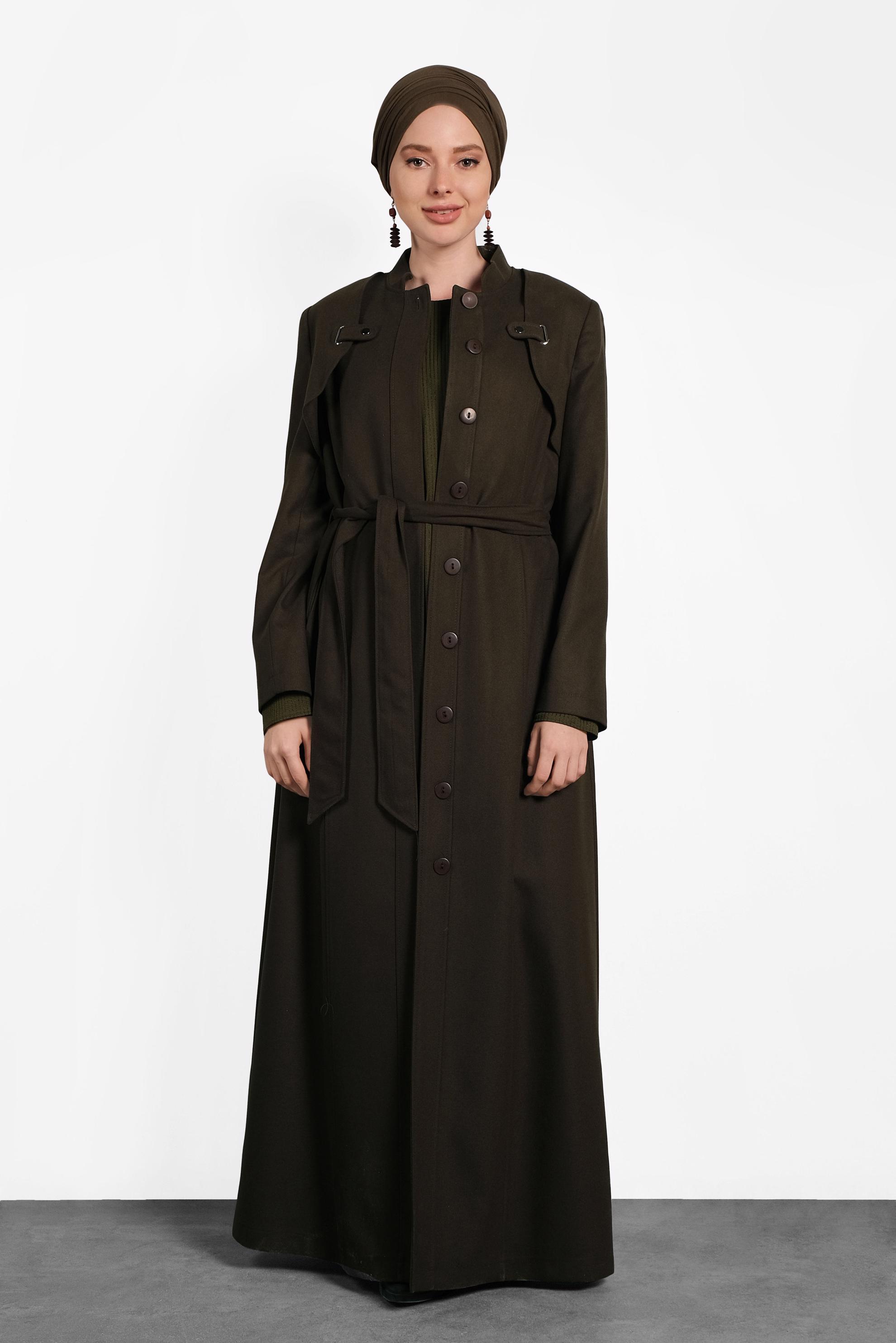 Tesettür giyim HAKİ BOYDAN DÜĞMELİ PARDESÜ 10136