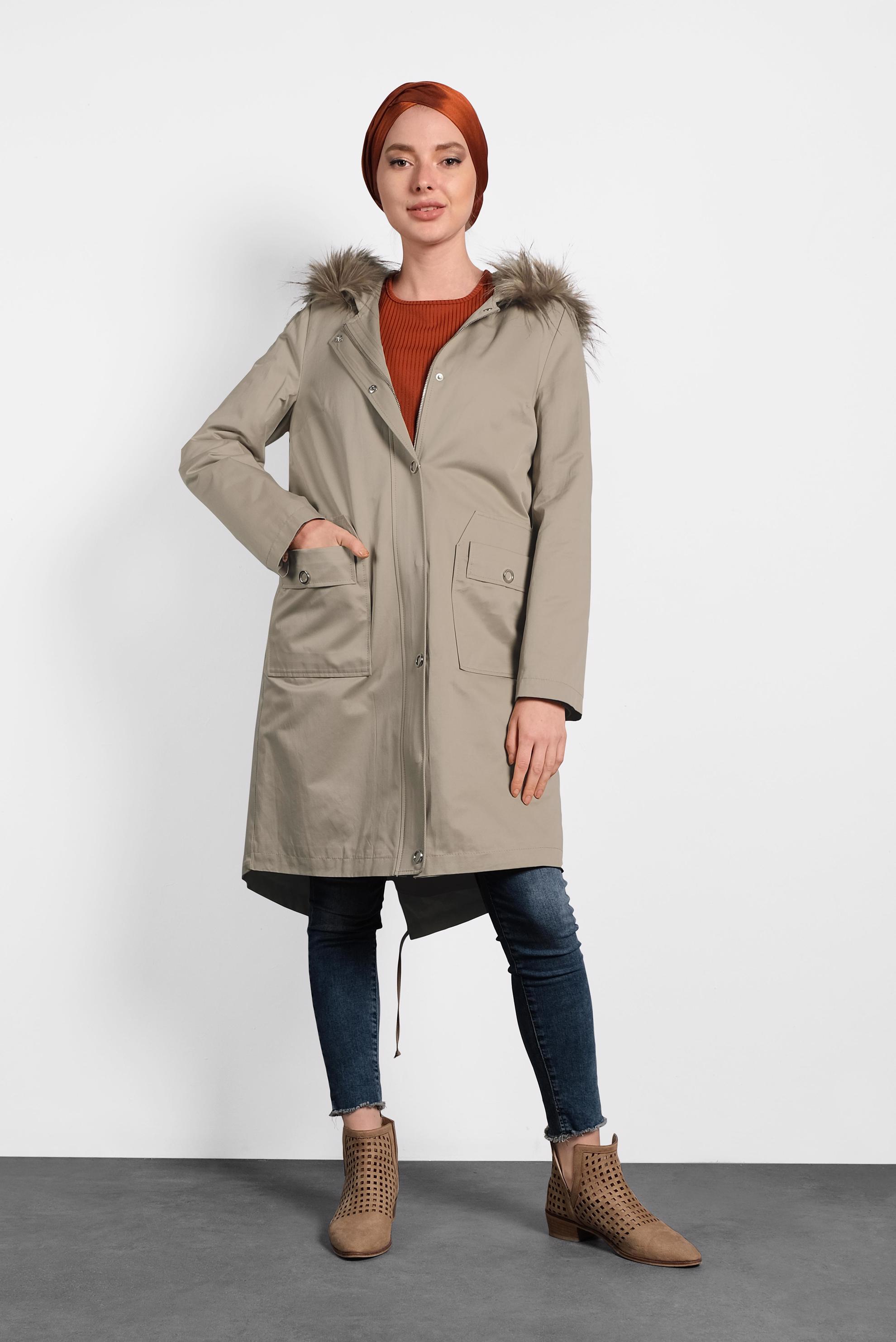 Hijab clothing BROWN FAUX-FUR-TRIM HOODED PARKA 90020 