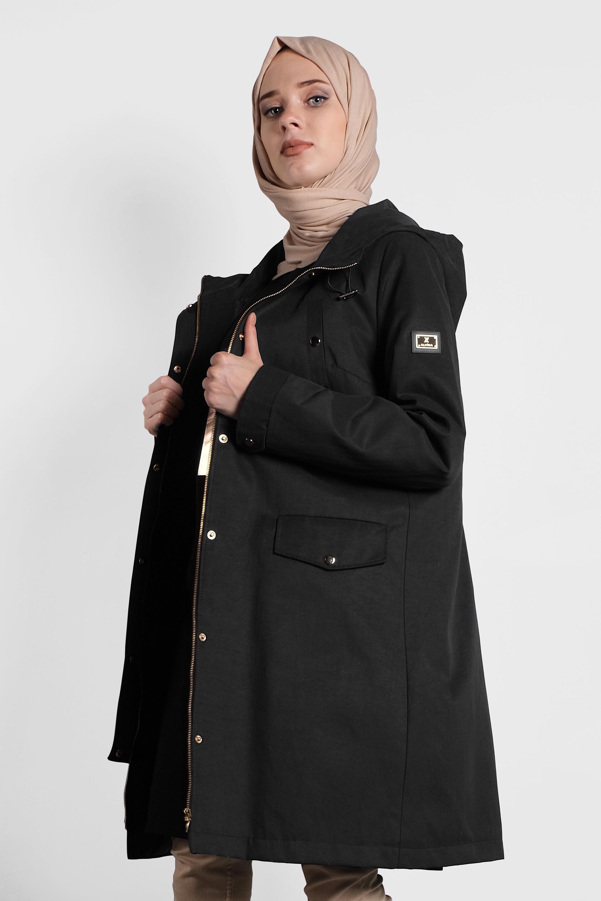 Tesettür giyim SİYAH FERMUAR VE ÇITÇITLI PAMUKLU PARKA 90036