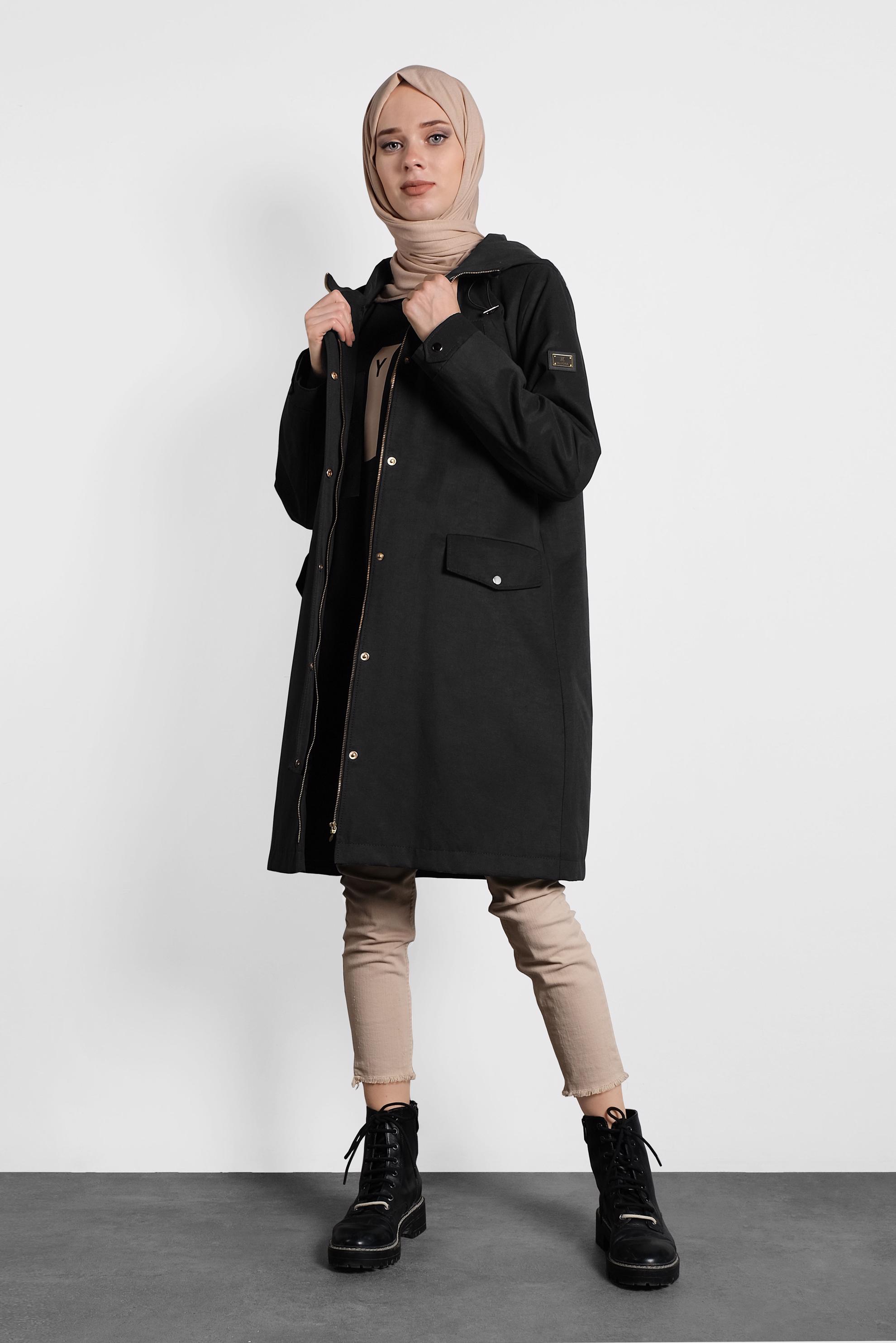 Tesettür giyim SİYAH FERMUAR VE ÇITÇITLI PAMUKLU PARKA 90036