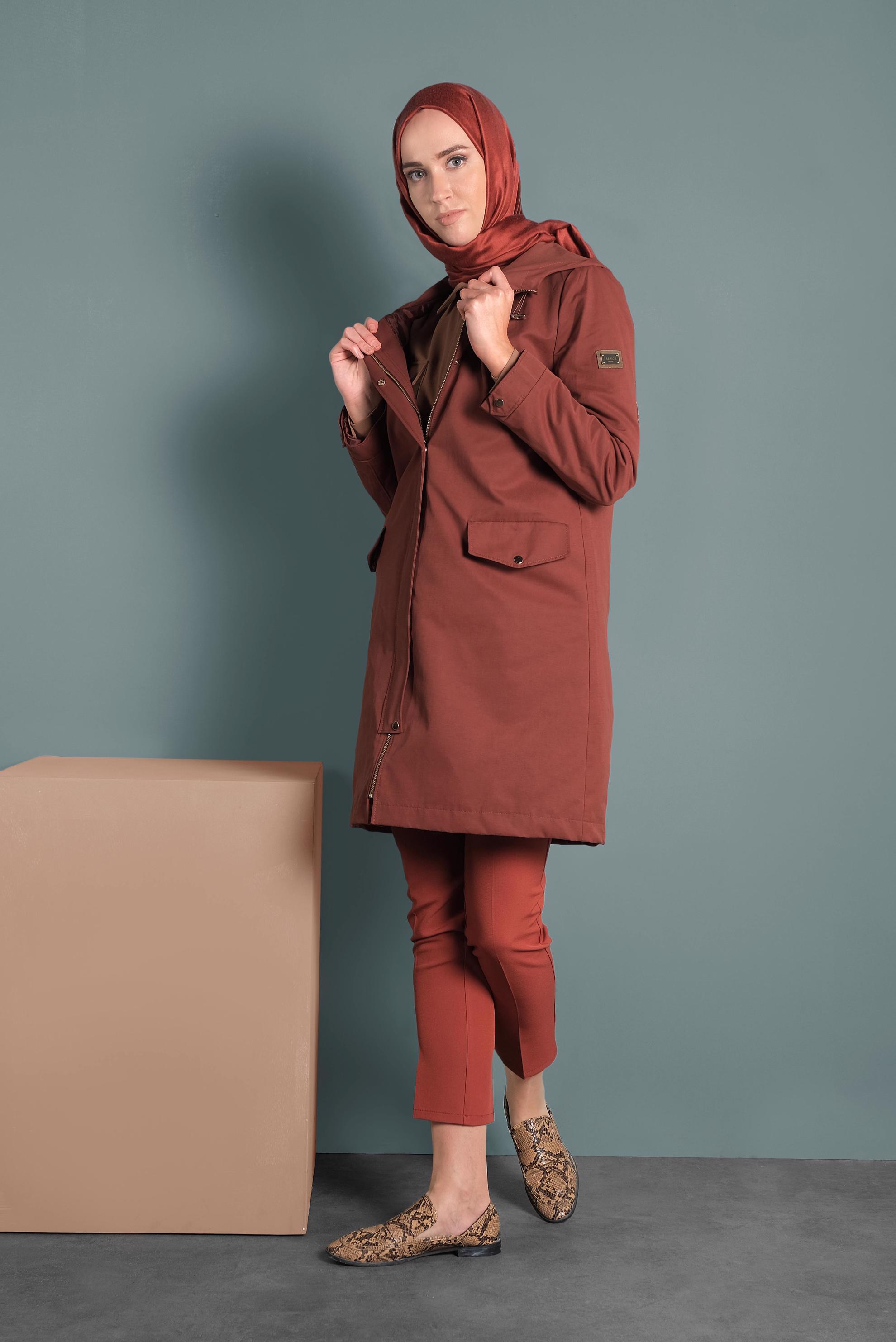 Tesettür giyim TURUNCU FERMUAR VE ÇITÇITLI PAMUKLU PARKA 90036