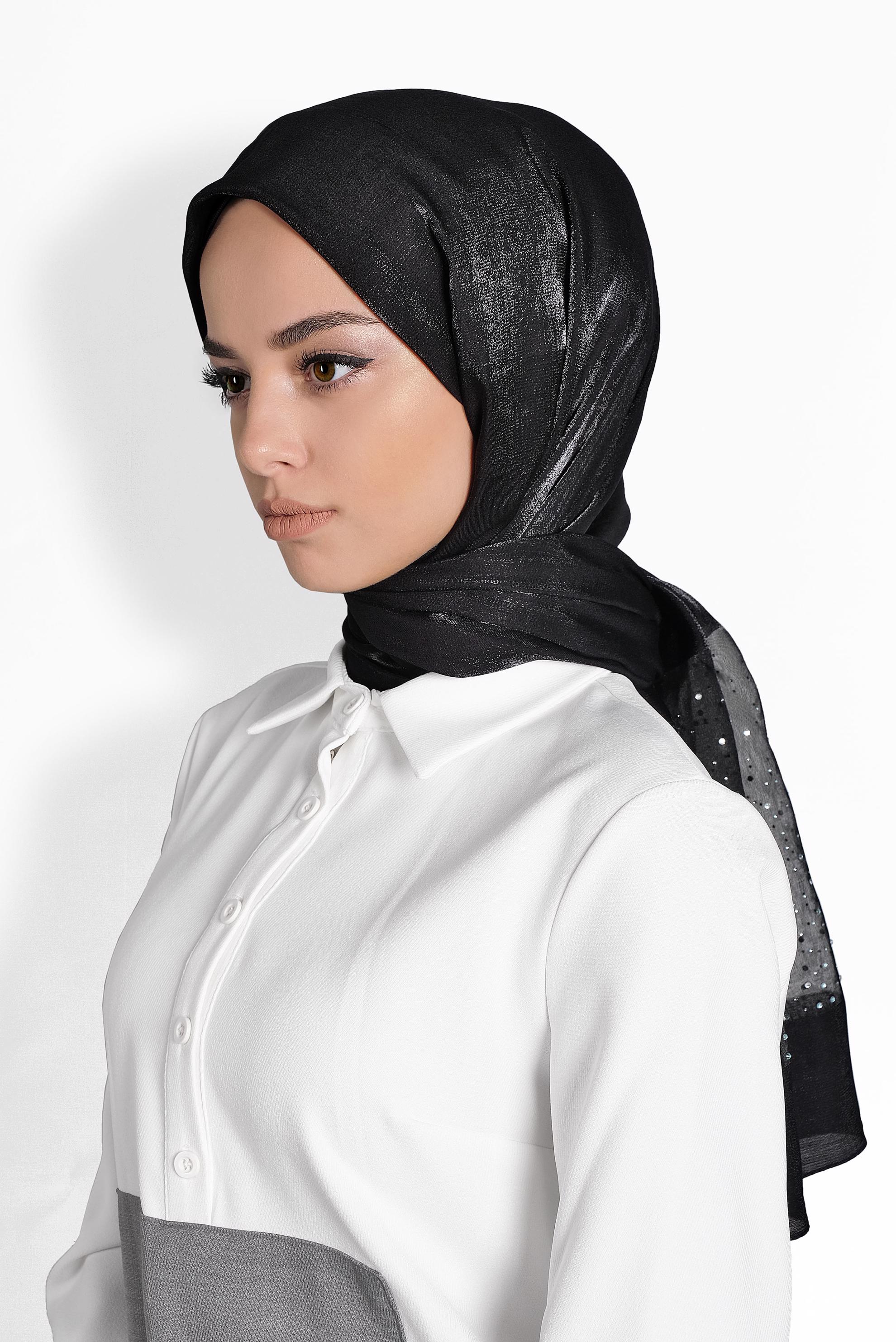 Tesettür giyim SİYAH ALVİNA TÜLLÜ TAŞLI ŞAL 8000 