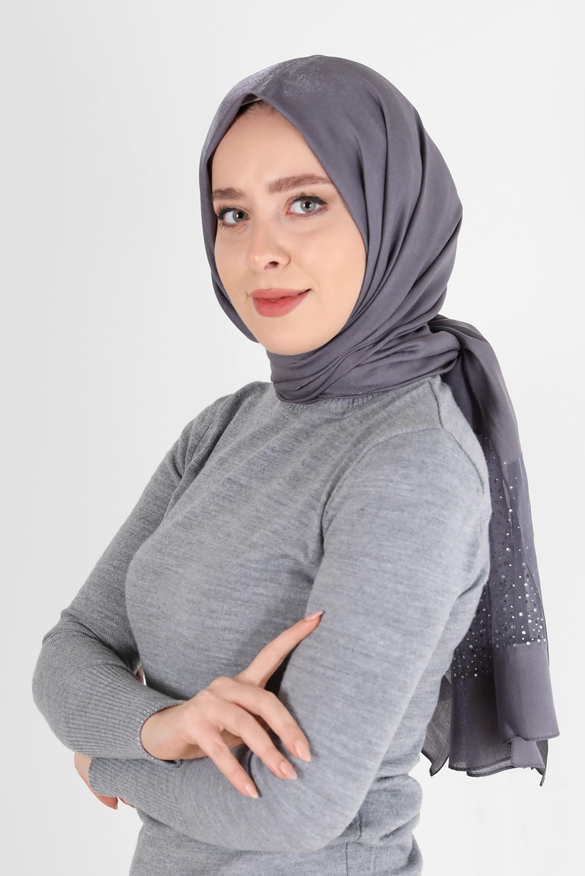 Tesettür giyim GRİ ALVİNA TÜLLÜ TAŞLI ŞAL 8000 