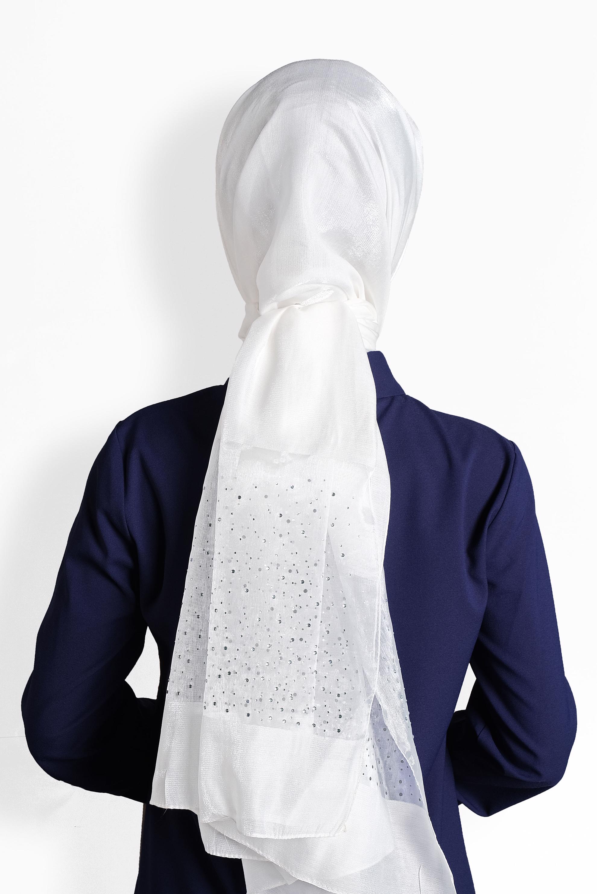 Tesettür giyim EKRU ALVİNA TÜLLÜ TAŞLI ŞAL 8000 