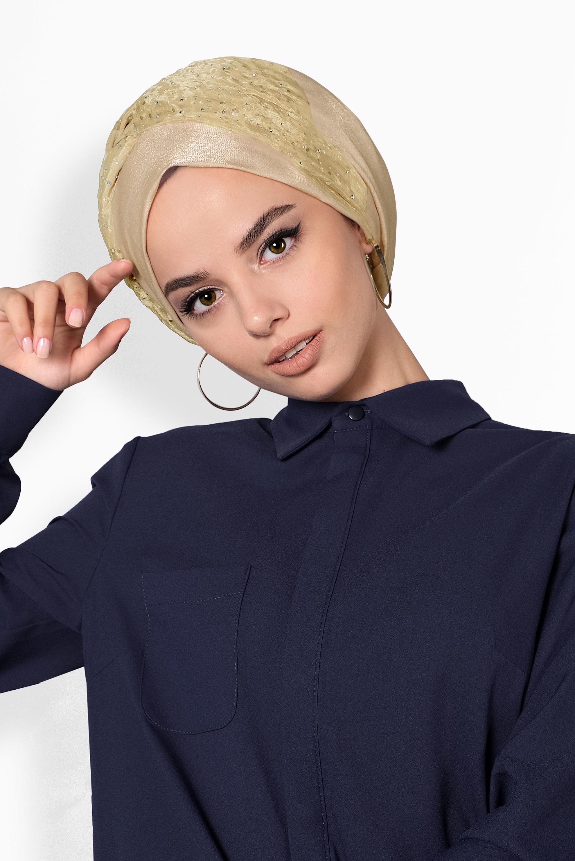 Tesettür giyim ALTIN ALVİNA TÜLLÜ TAŞLI ŞAL 8000 