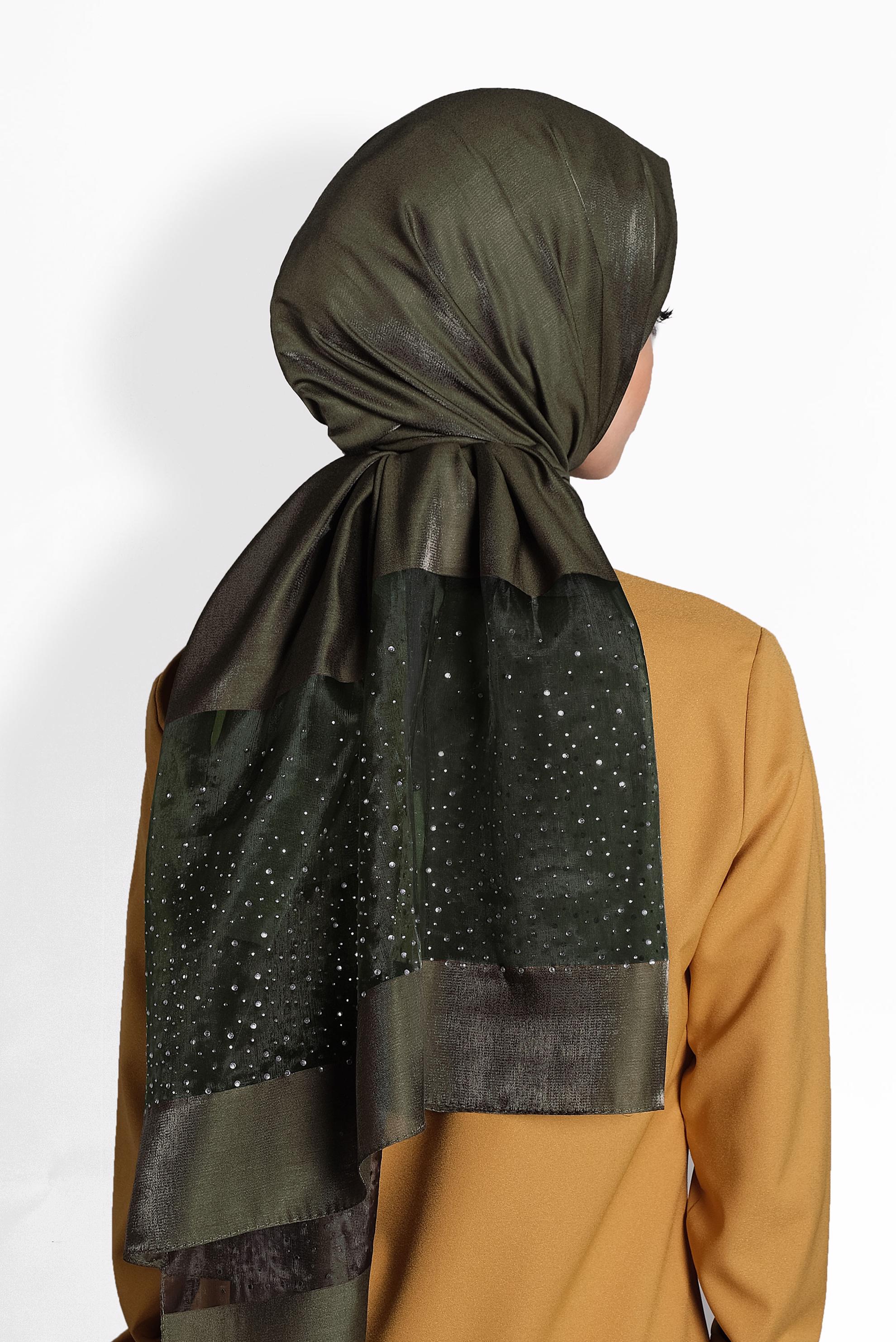 Tesettür giyim HAKİ ALVİNA TÜLLÜ TAŞLI ŞAL 8000 