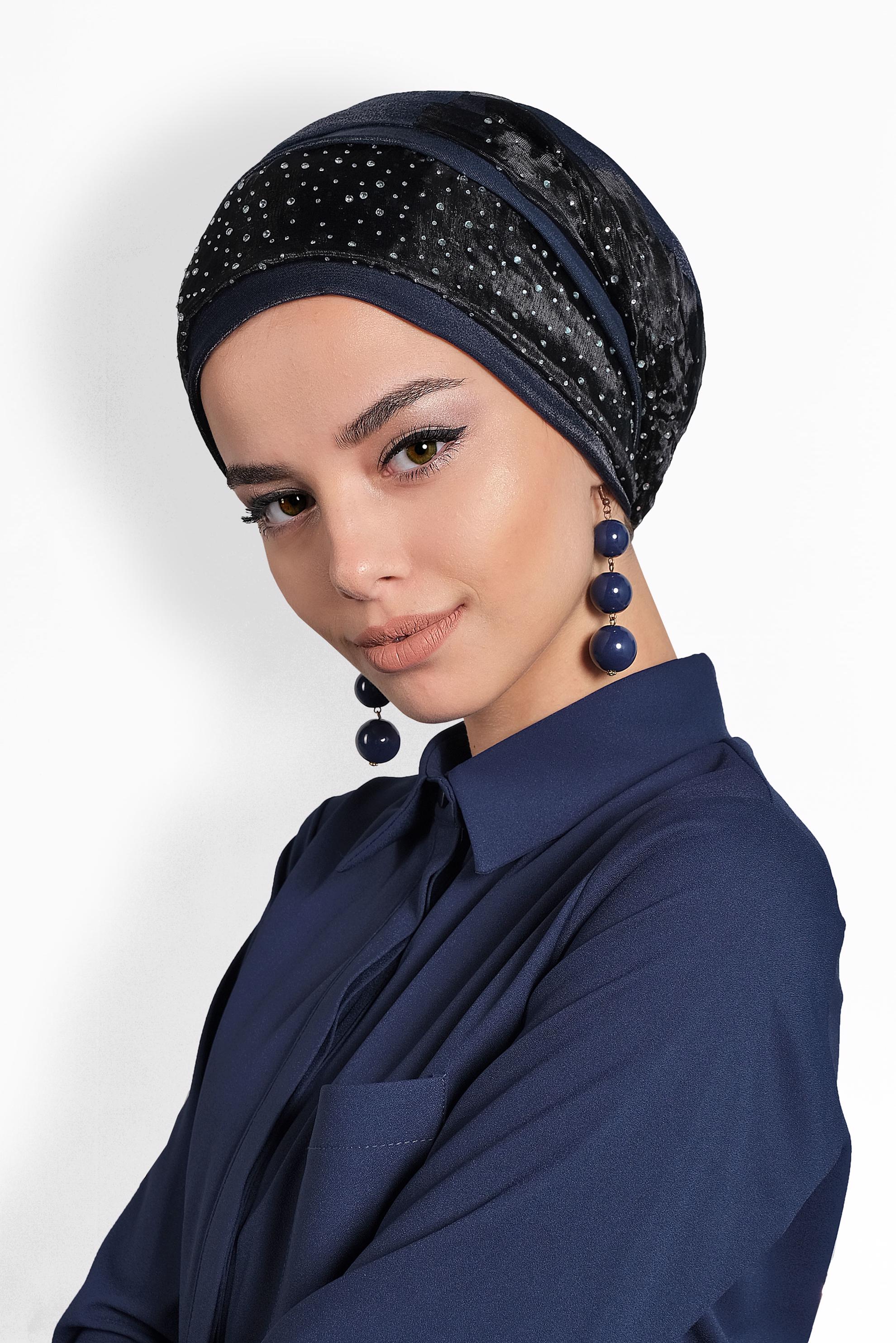 Tesettür giyim LACİVERT ALVİNA TÜLLÜ TAŞLI ŞAL 8000 