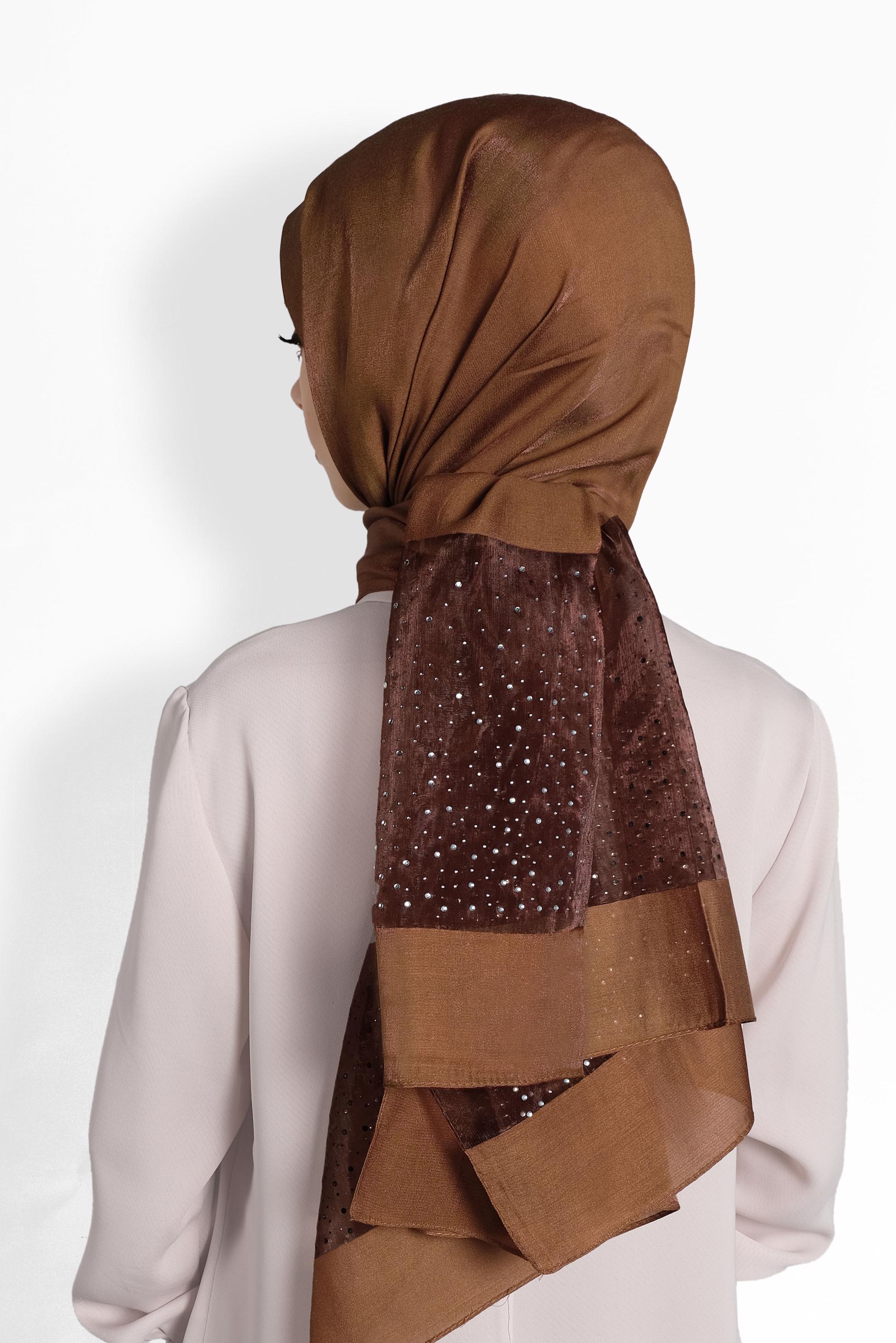 Tesettür giyim TABA ALVİNA TÜLLÜ TAŞLI ŞAL 8000 