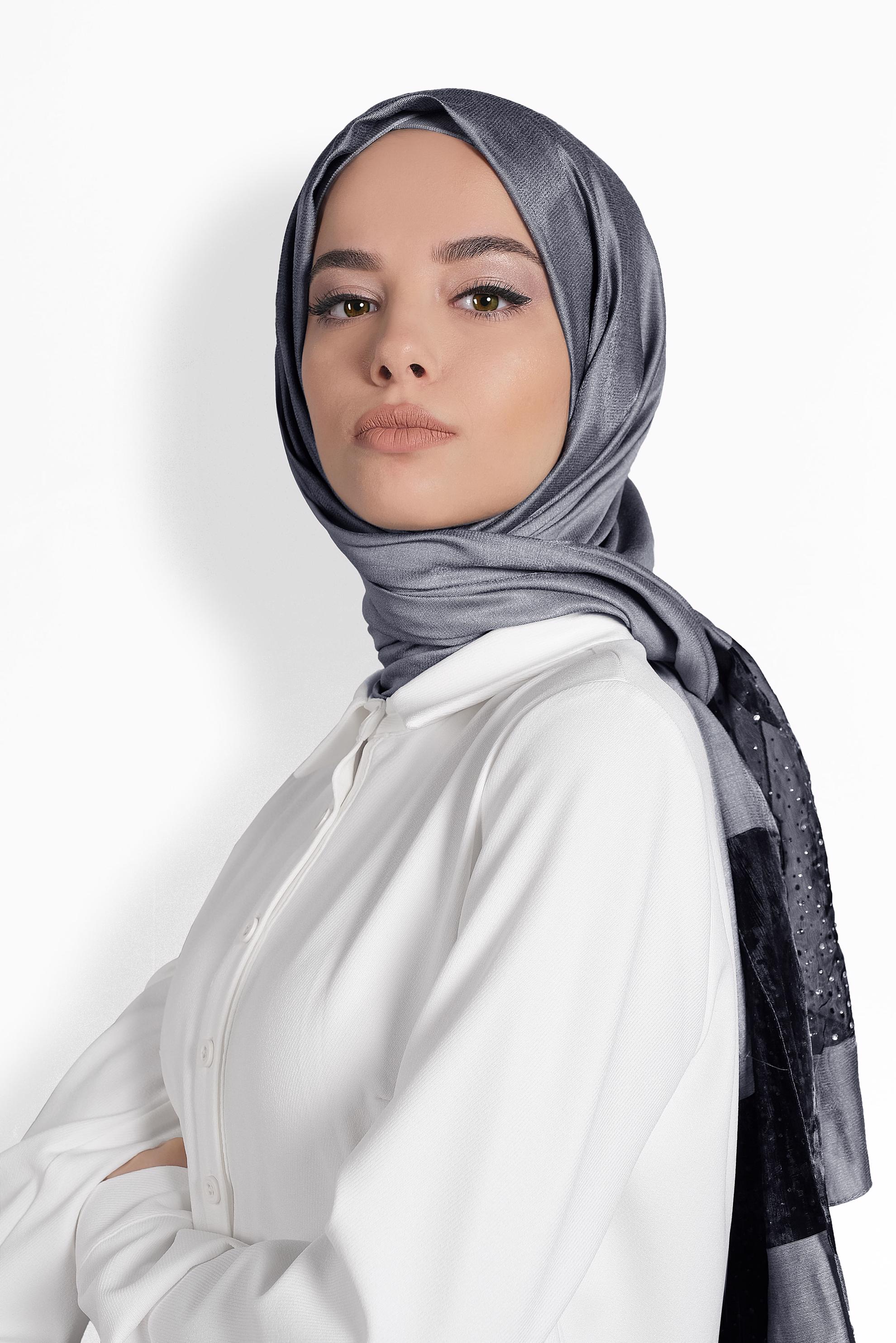 Tesettür giyim GRİ ALVİNA TÜLLÜ TAŞLI ŞAL 8000 