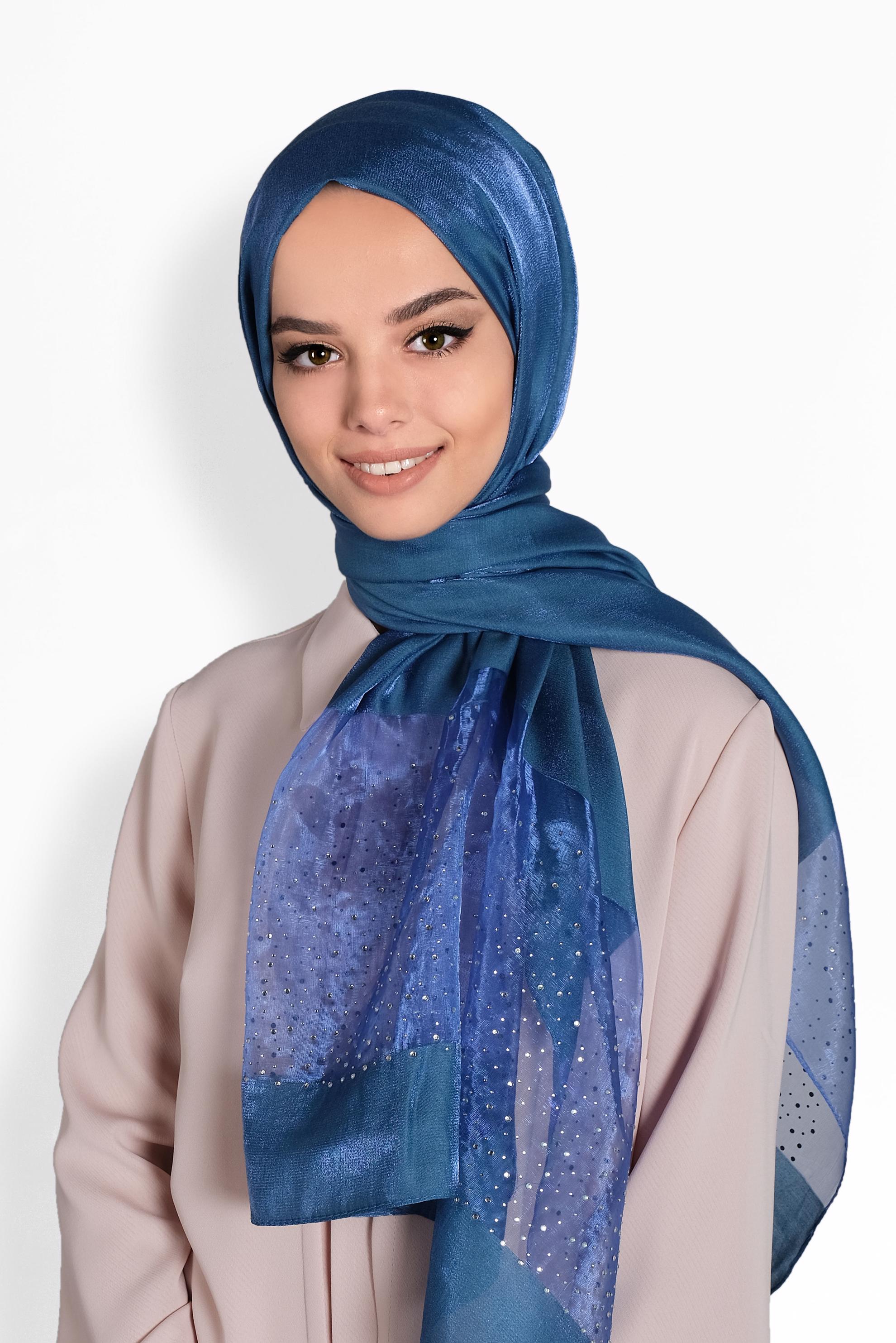 Tesettür giyim LACİVERT ALVİNA TÜLLÜ TAŞLI ŞAL 8000 