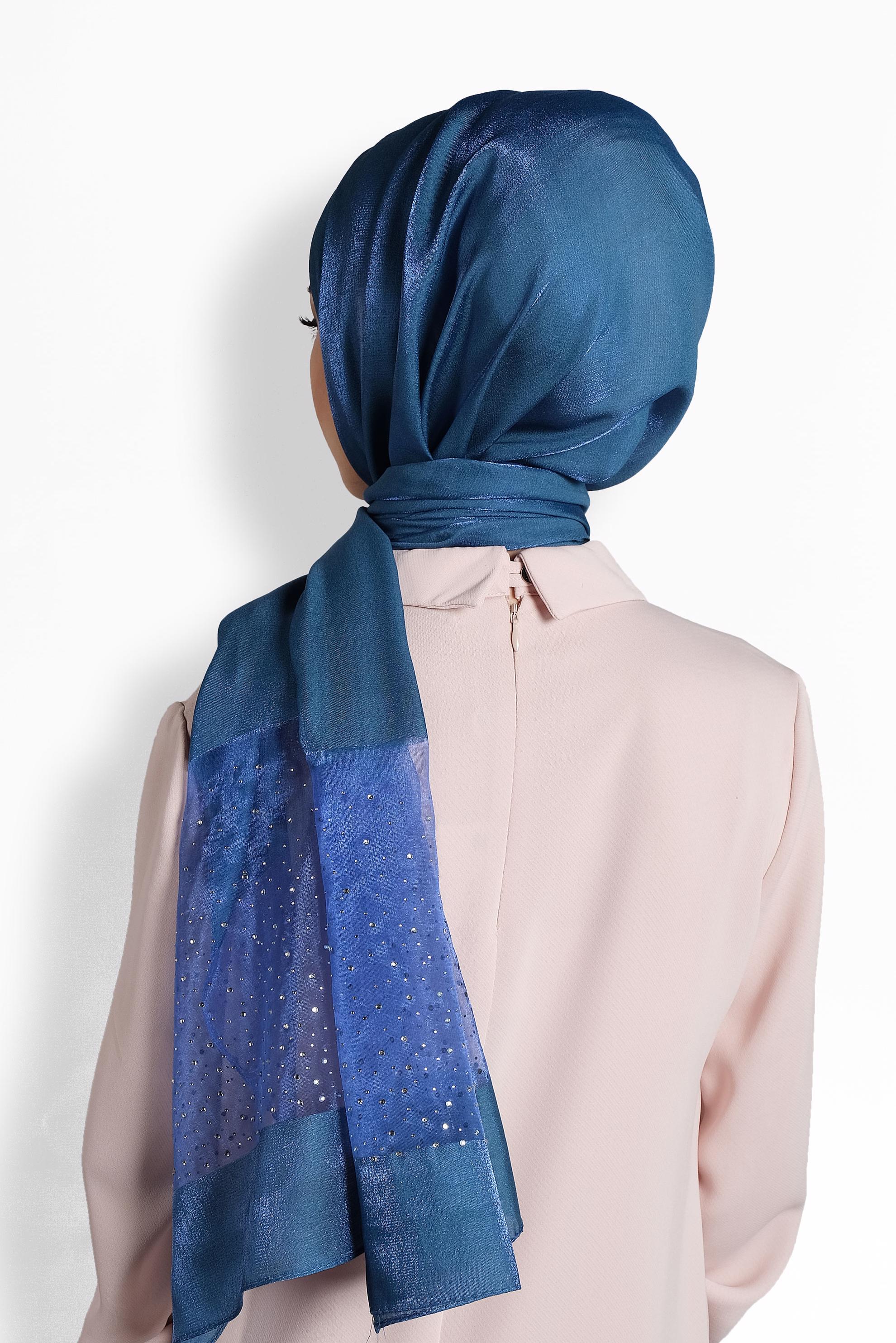 Tesettür giyim LACİVERT ALVİNA TÜLLÜ TAŞLI ŞAL 8000 