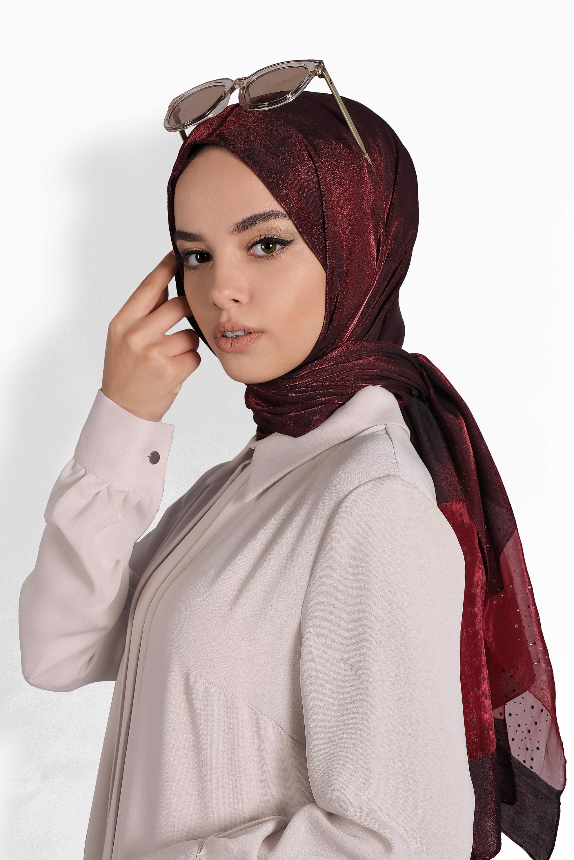 Tesettür giyim BORDO ALVİNA TÜLLÜ TAŞLI ŞAL 8000 