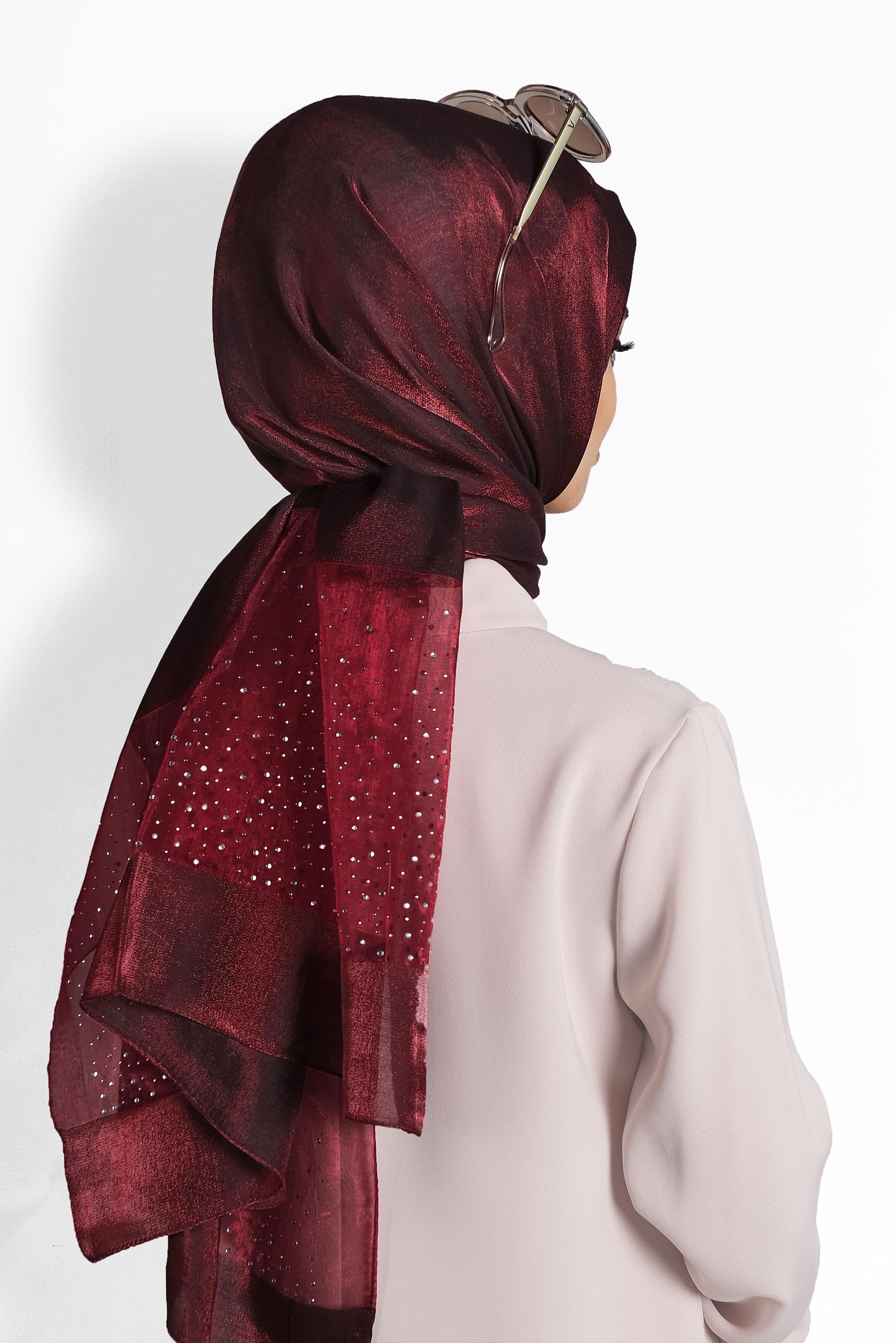 Tesettür giyim BORDO ALVİNA TÜLLÜ TAŞLI ŞAL 8000 