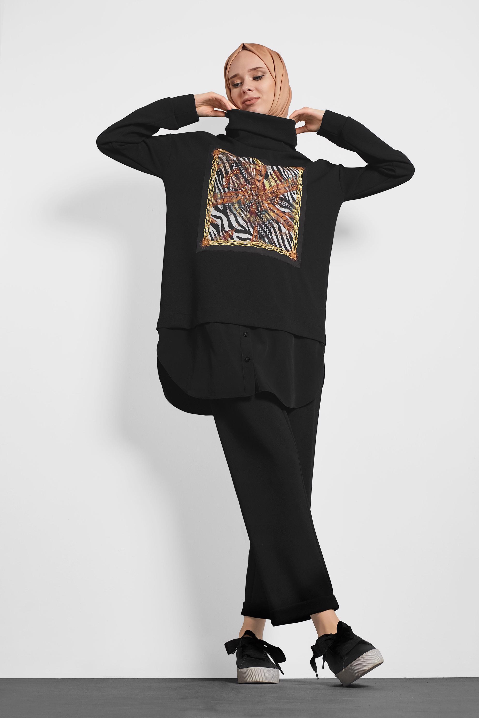 Tesettür giyim SİYAH MİX DESENLİ İKİ PARÇA GÖRÜNÜMLÜ İKİLİ PANTOLONLU TAKIM 40108 