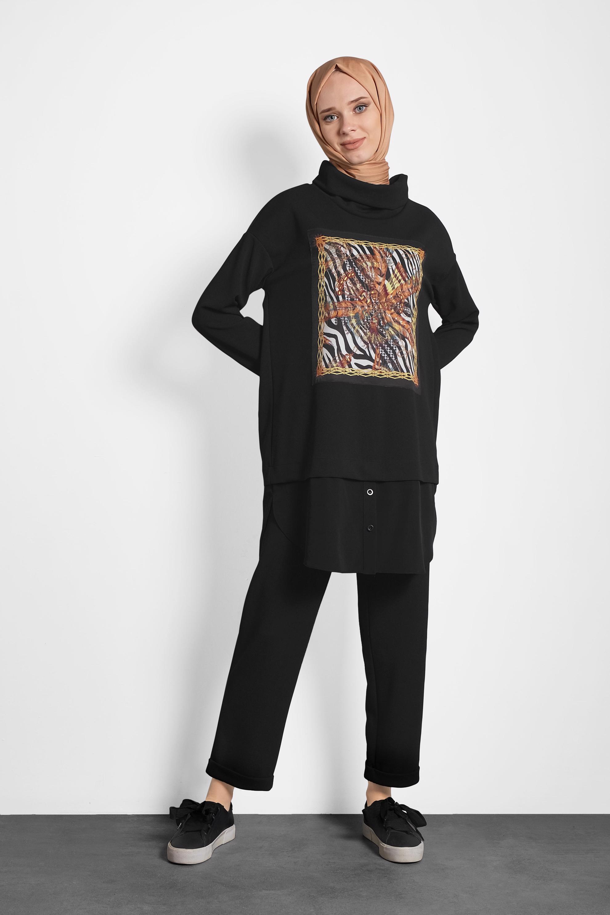 Tesettür giyim SİYAH MİX DESENLİ İKİ PARÇA GÖRÜNÜMLÜ İKİLİ PANTOLONLU TAKIM 40108 