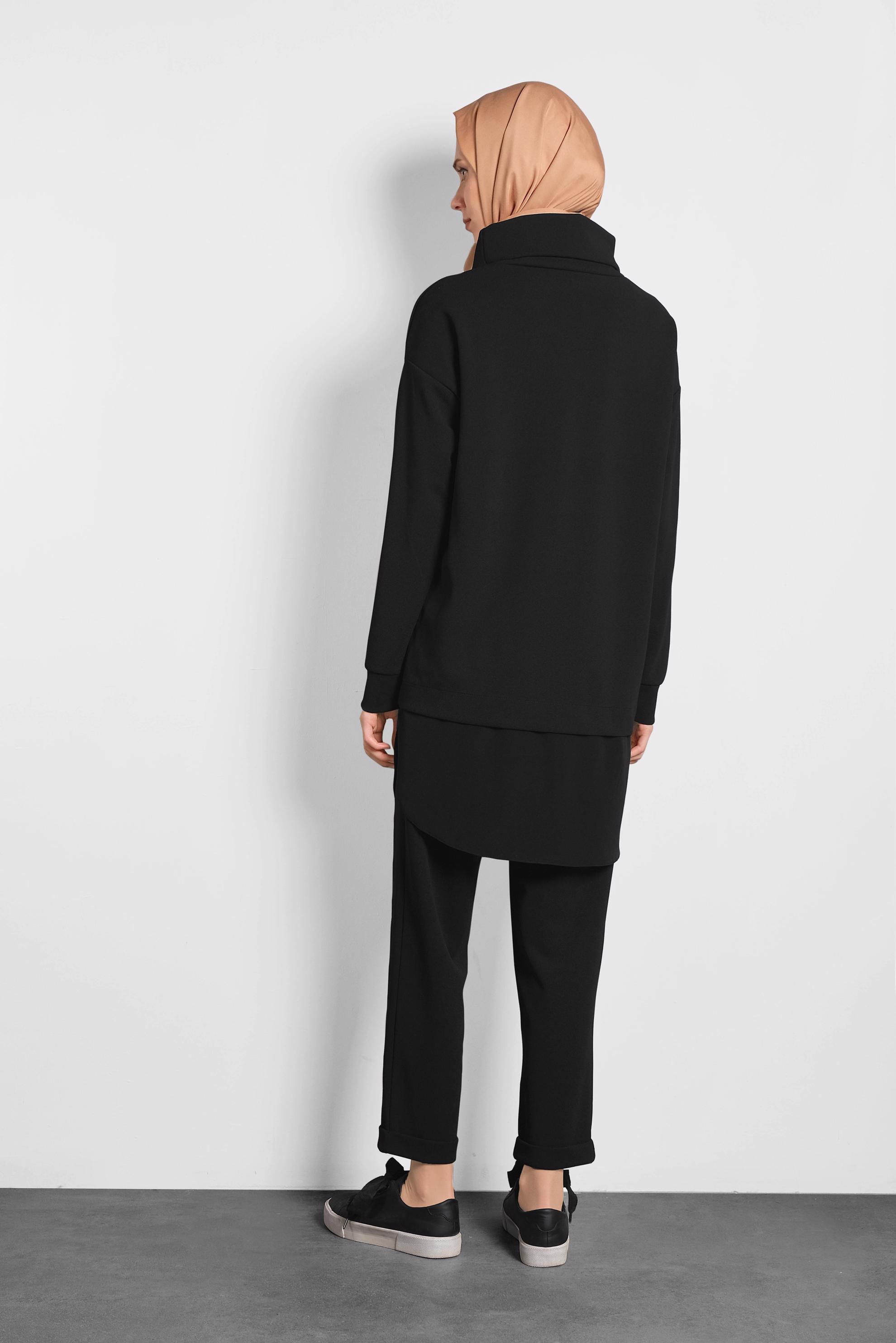 Tesettür giyim SİYAH MİX DESENLİ İKİ PARÇA GÖRÜNÜMLÜ İKİLİ PANTOLONLU TAKIM 40108 