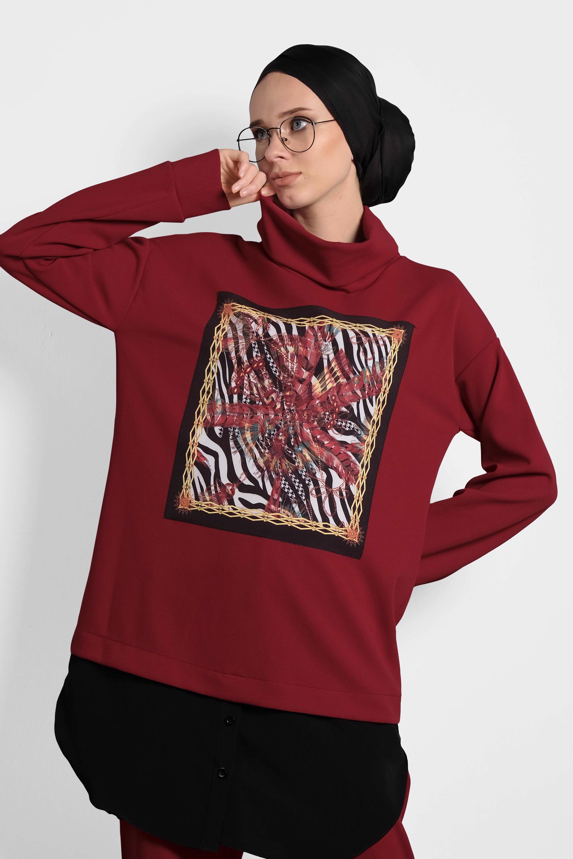 Tesettür giyim KIRMIZI MİX DESENLİ İKİ PARÇA GÖRÜNÜMLÜ İKİLİ PANTOLONLU TAKIM 40108 