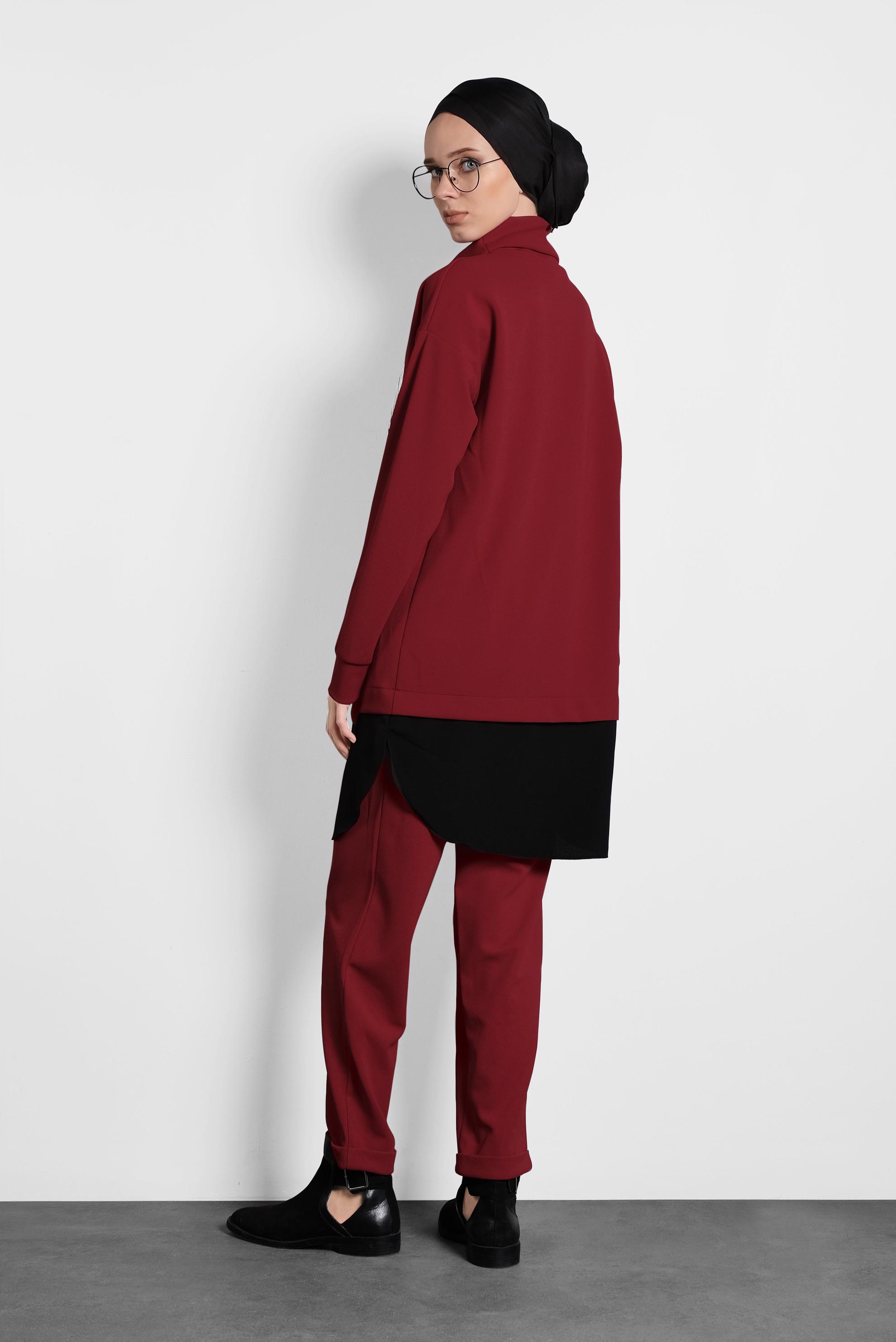 Tesettür giyim KIRMIZI MİX DESENLİ İKİ PARÇA GÖRÜNÜMLÜ İKİLİ PANTOLONLU TAKIM 40108 