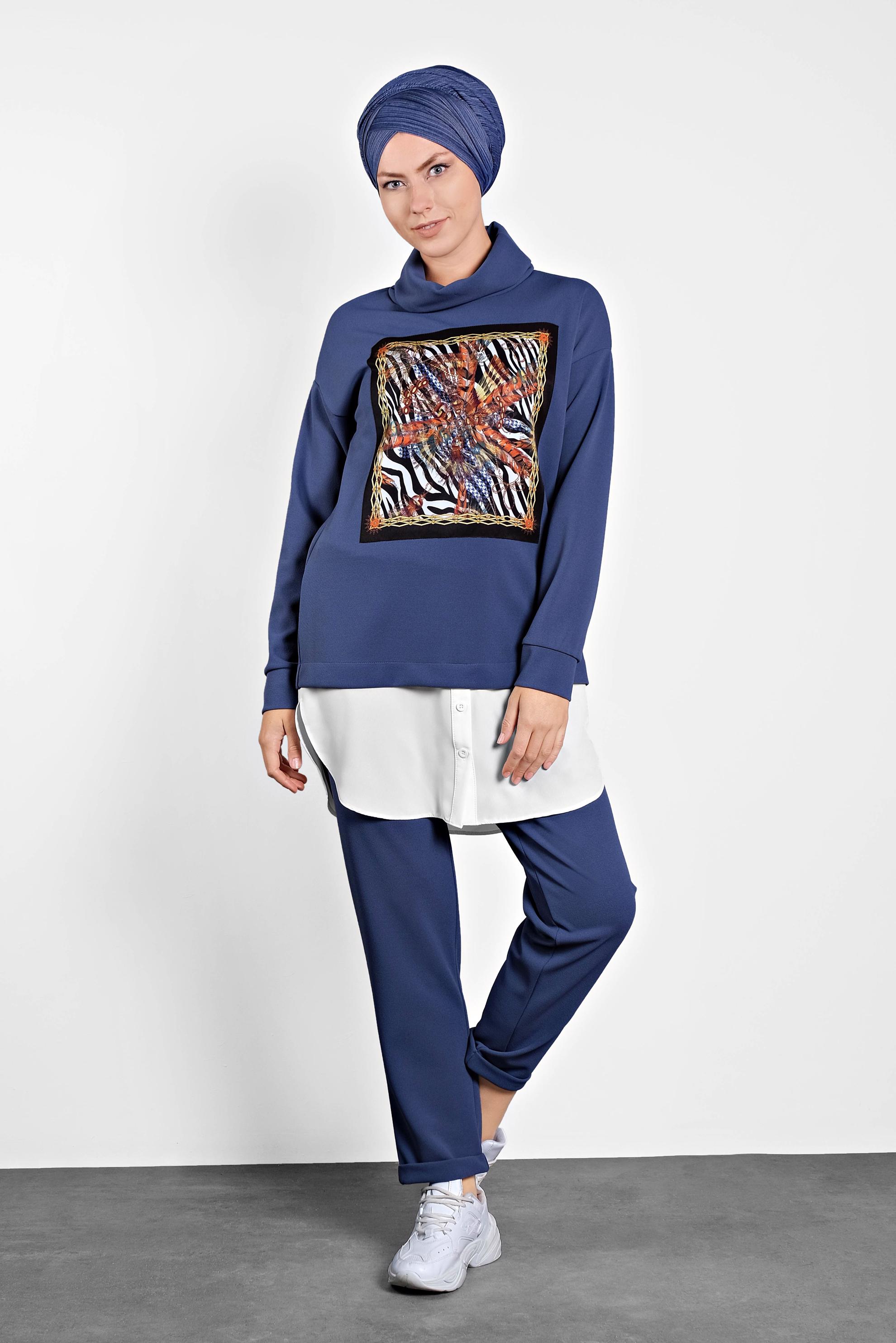 Hijab clothing NAVY BLUE SHIRT-HEM PRINTED SUIT 40108 