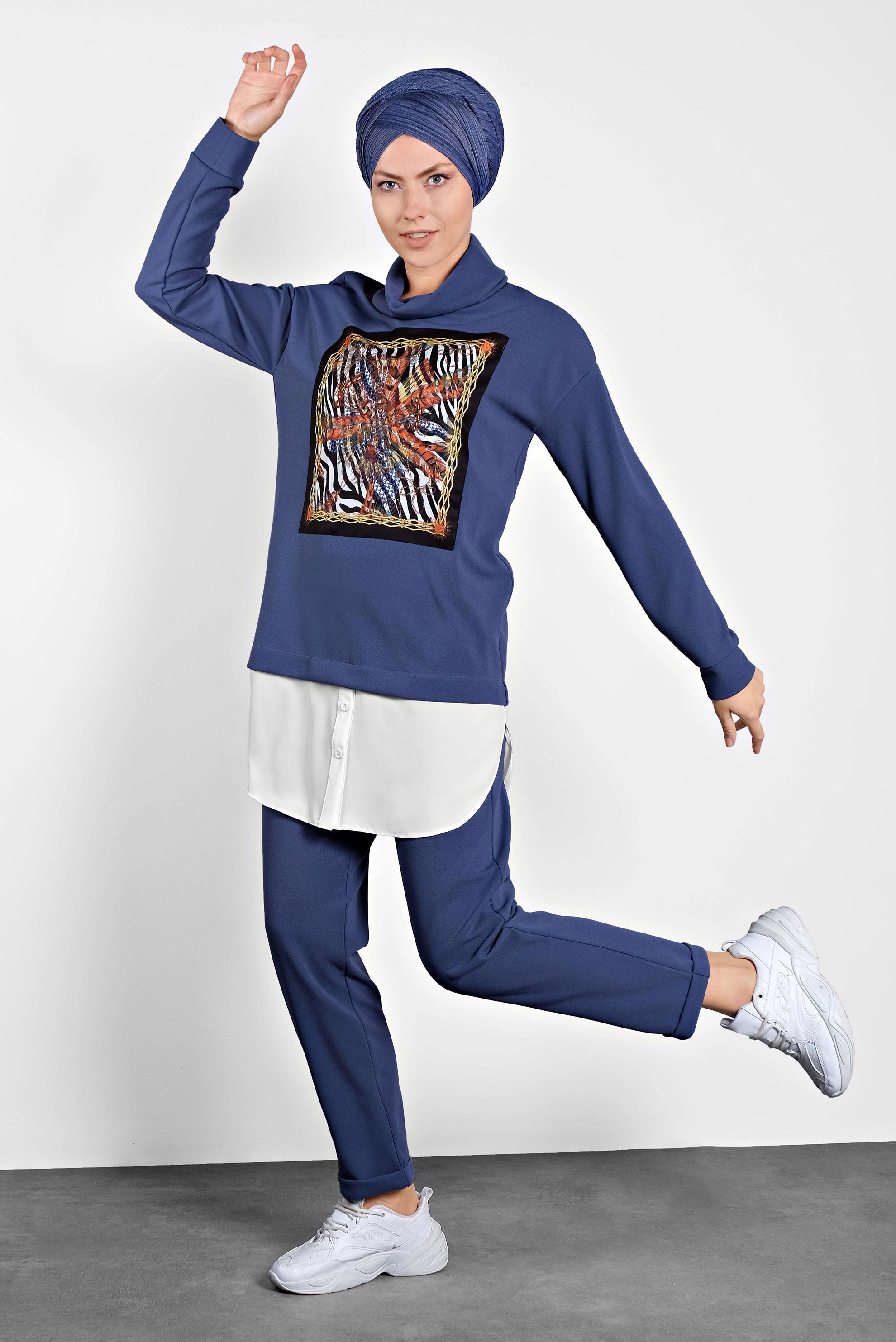 Hijab clothing NAVY BLUE SHIRT-HEM PRINTED SUIT 40108 