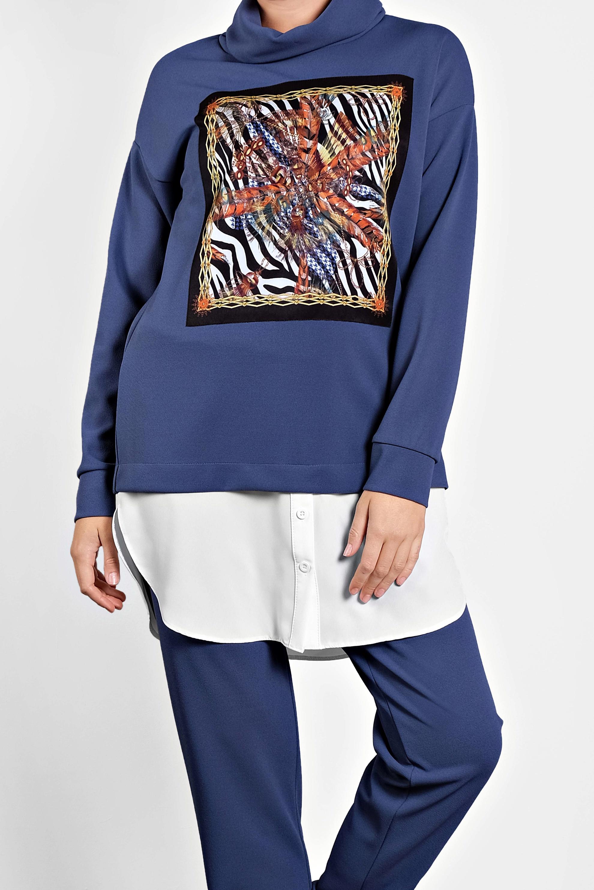 Hijab clothing NAVY BLUE SHIRT-HEM PRINTED SUIT 40108 