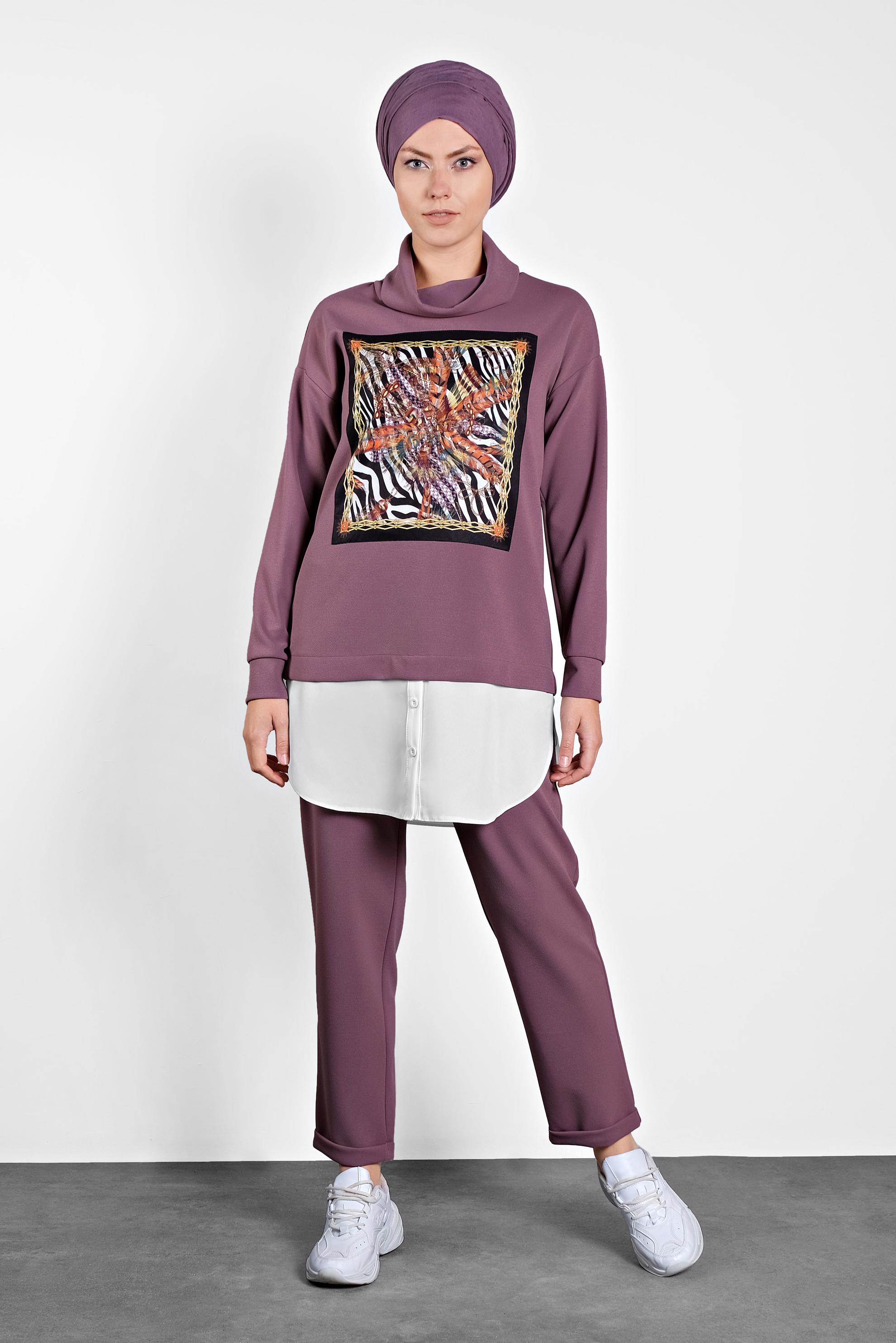 Tesettür giyim PEMBE MİX DESENLİ İKİ PARÇA GÖRÜNÜMLÜ İKİLİ PANTOLONLU TAKIM 40108 