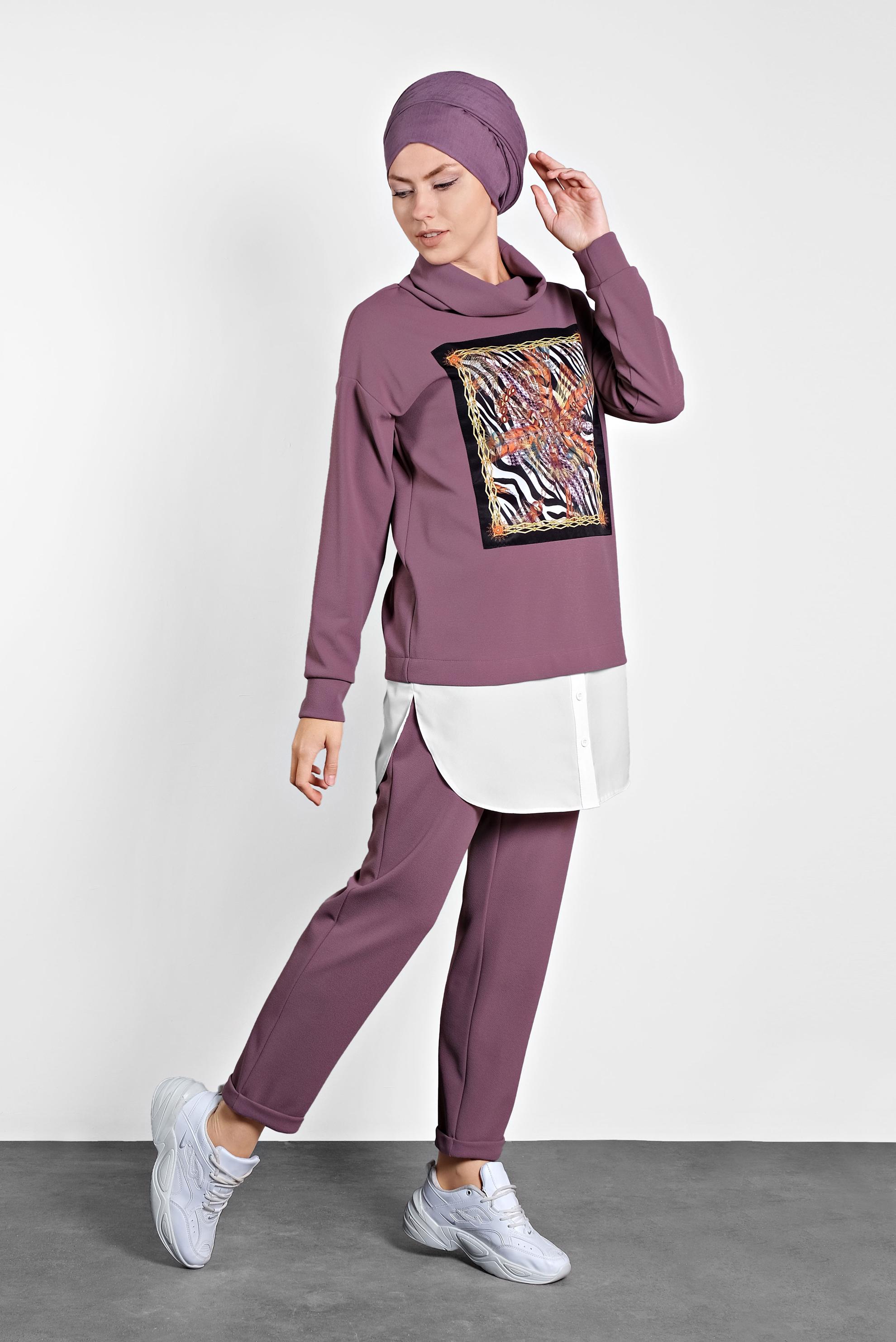 Tesettür giyim PEMBE MİX DESENLİ İKİ PARÇA GÖRÜNÜMLÜ İKİLİ PANTOLONLU TAKIM 40108 